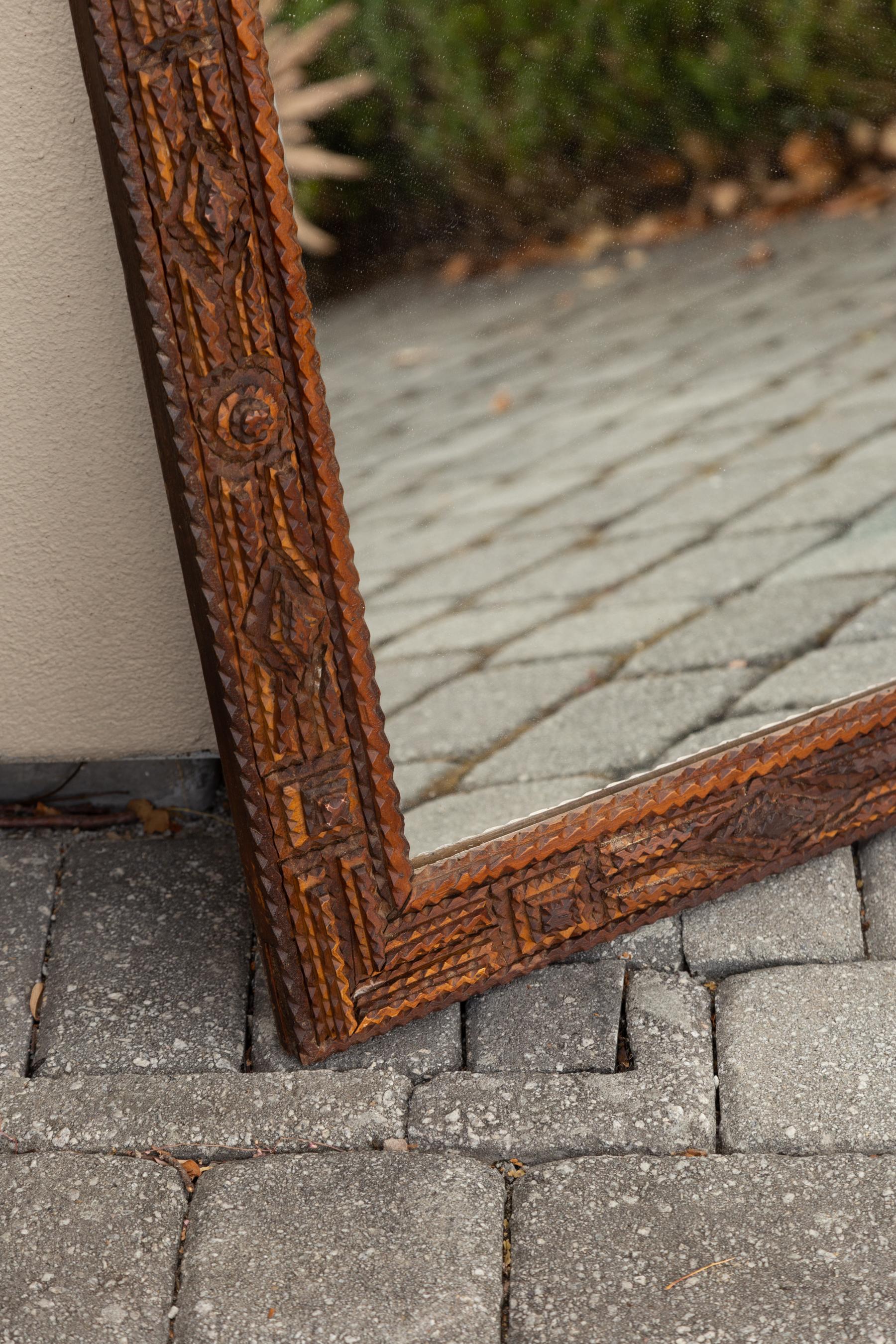 20th Century French Turn of the Century Hand Carved Tramp Art Folk Mirror with Raised Motifs