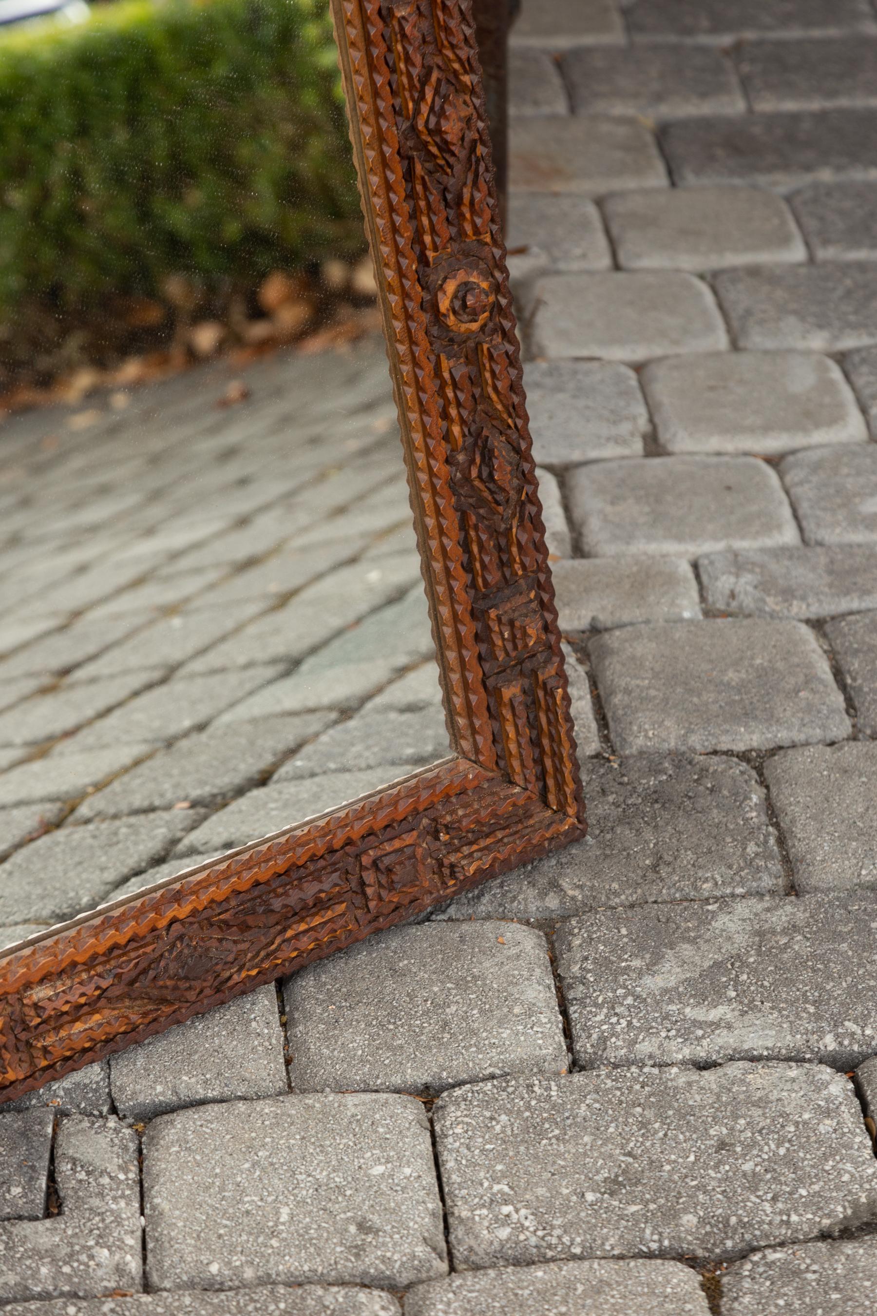 Wood French Turn of the Century Hand Carved Tramp Art Folk Mirror with Raised Motifs