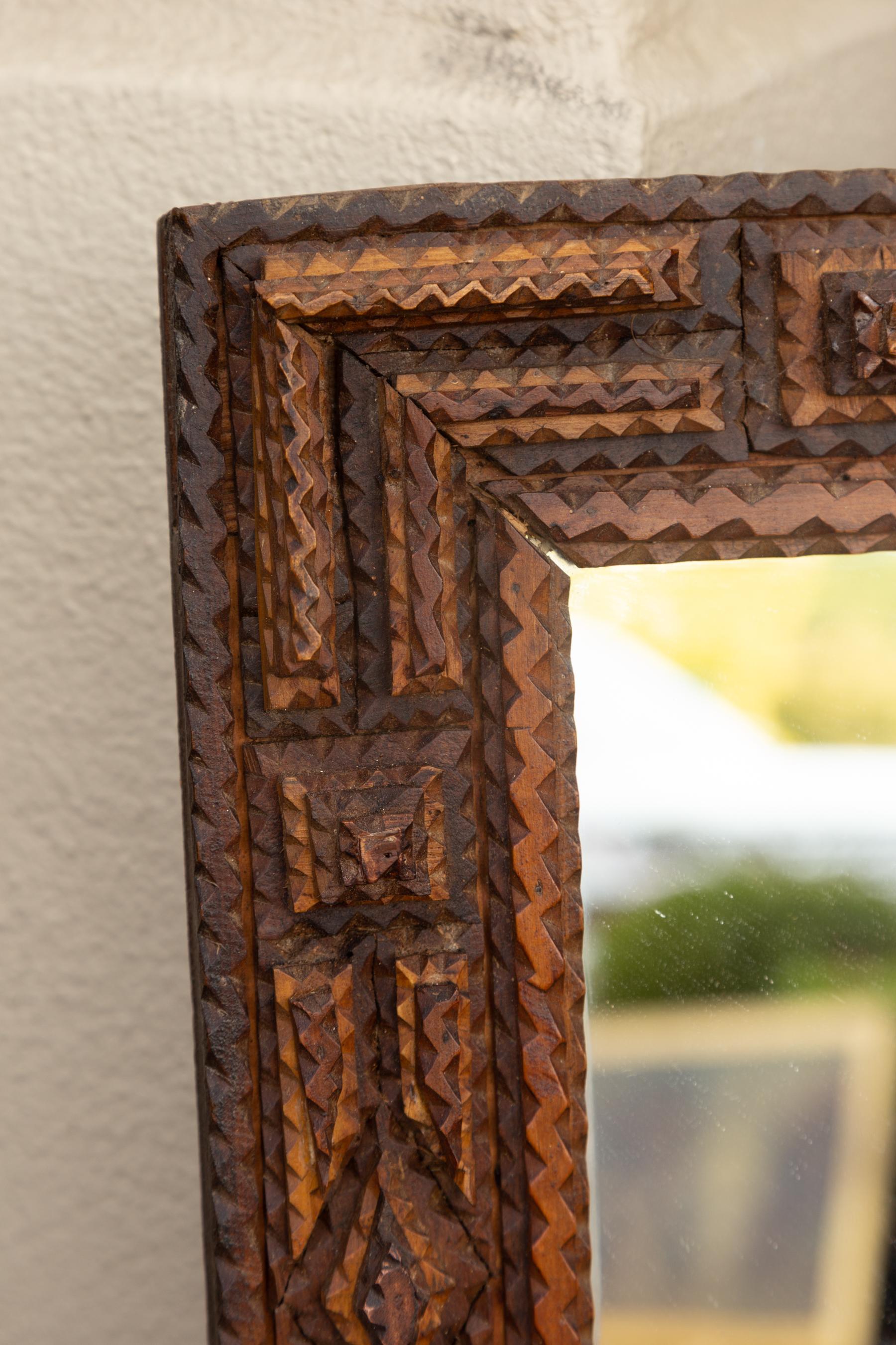 French Turn of the Century Hand Carved Tramp Art Folk Mirror with Raised Motifs 2