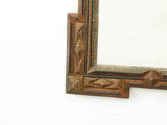 French Turn of the Century Hand Carved Tramp Art Mirror with Diamond Motifs
