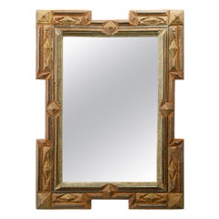 French Turn of the Century Hand Carved Tramp Art Mirror with Diamond Motifs