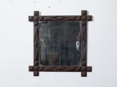 French Turn of the Century Hand Carved Tramp Art Mirror with Protruding Corners