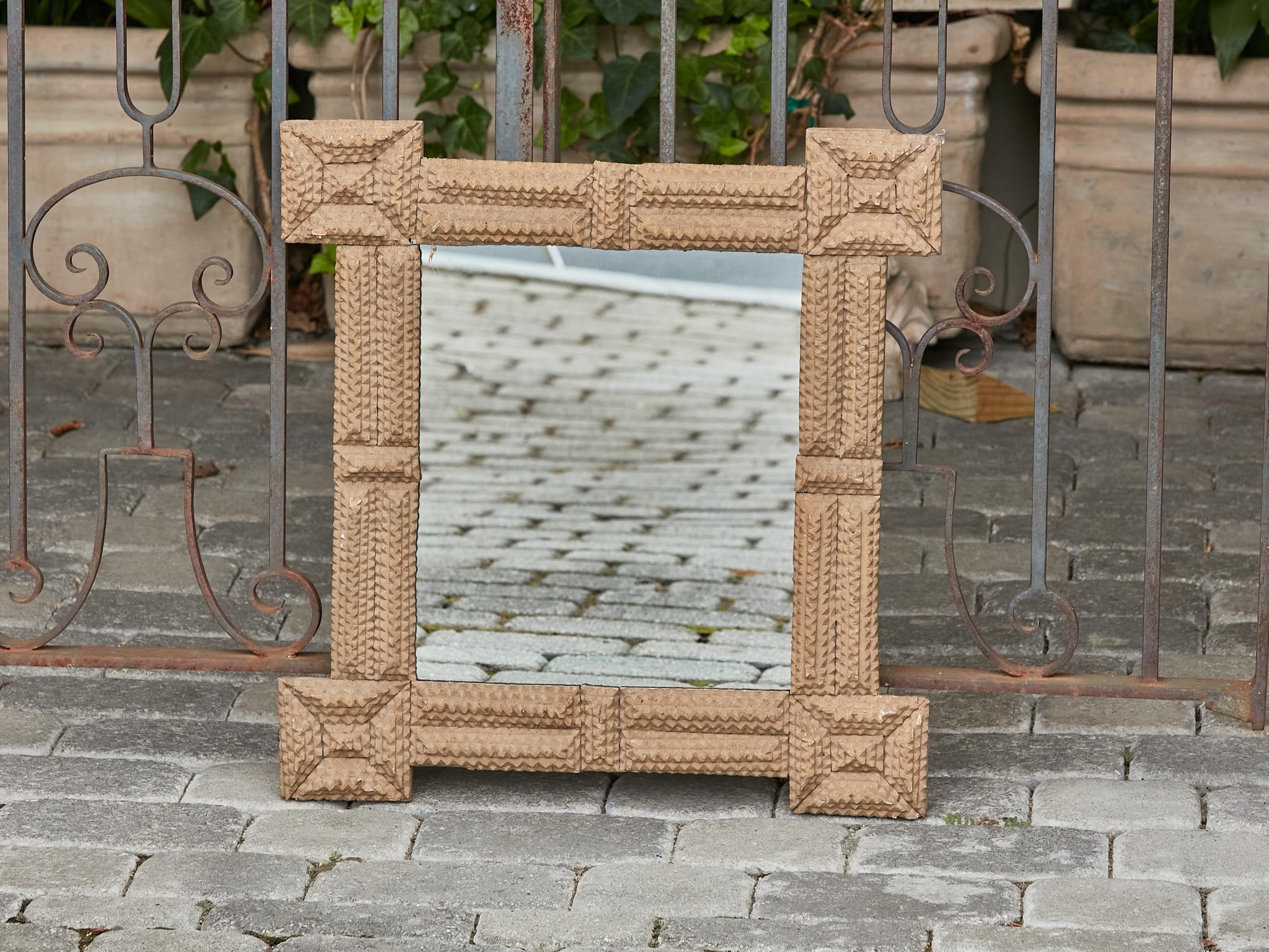 Folk Art French Turn of the Century Hand Carved Tramp Art Mirror with Protruding Corners For Sale