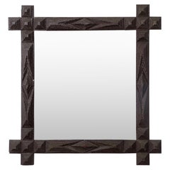 French Turn of the Century Hand Carved Tramp Art Mirror with Protruding Corners