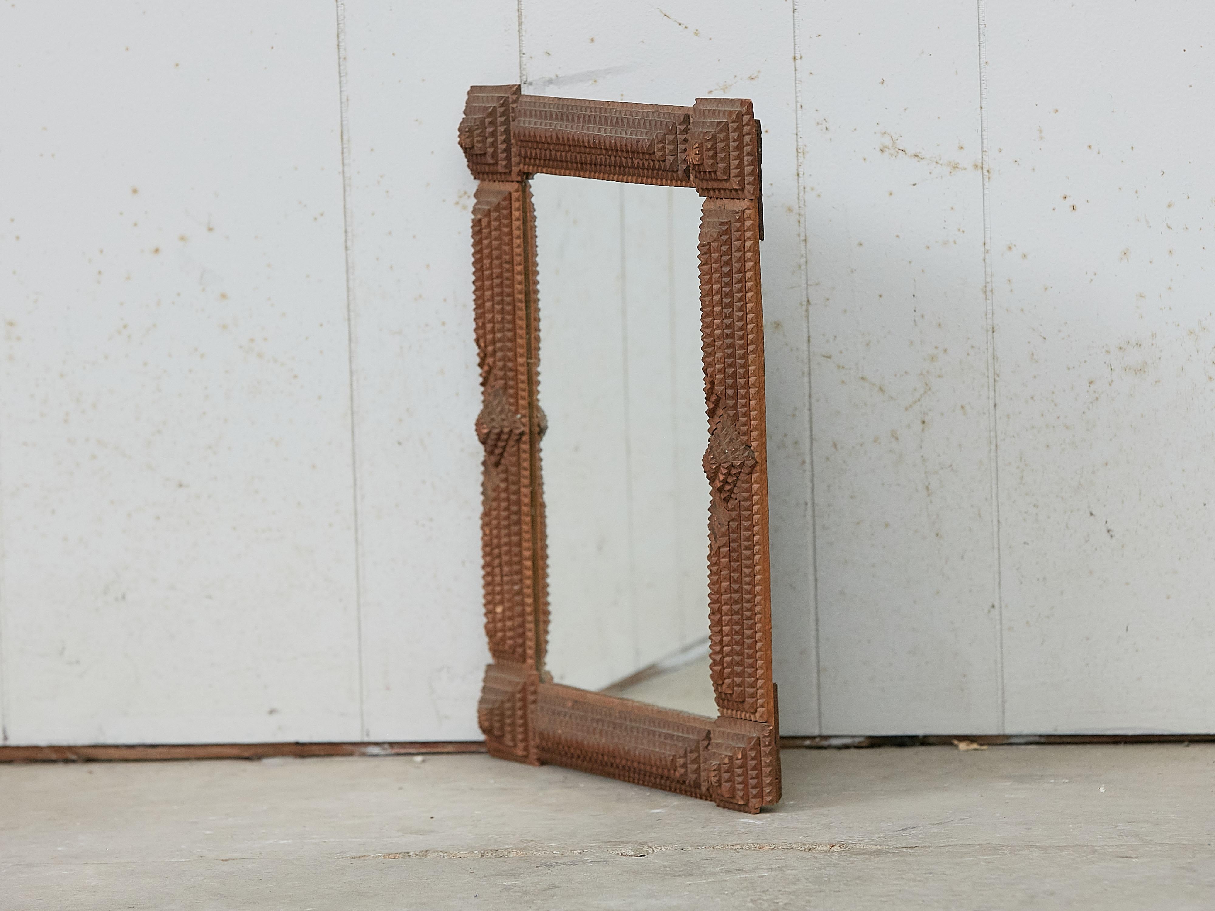 20th Century French Turn of the Century Hand Carved Wood Tramp Art Mirror with Brown Patina For Sale