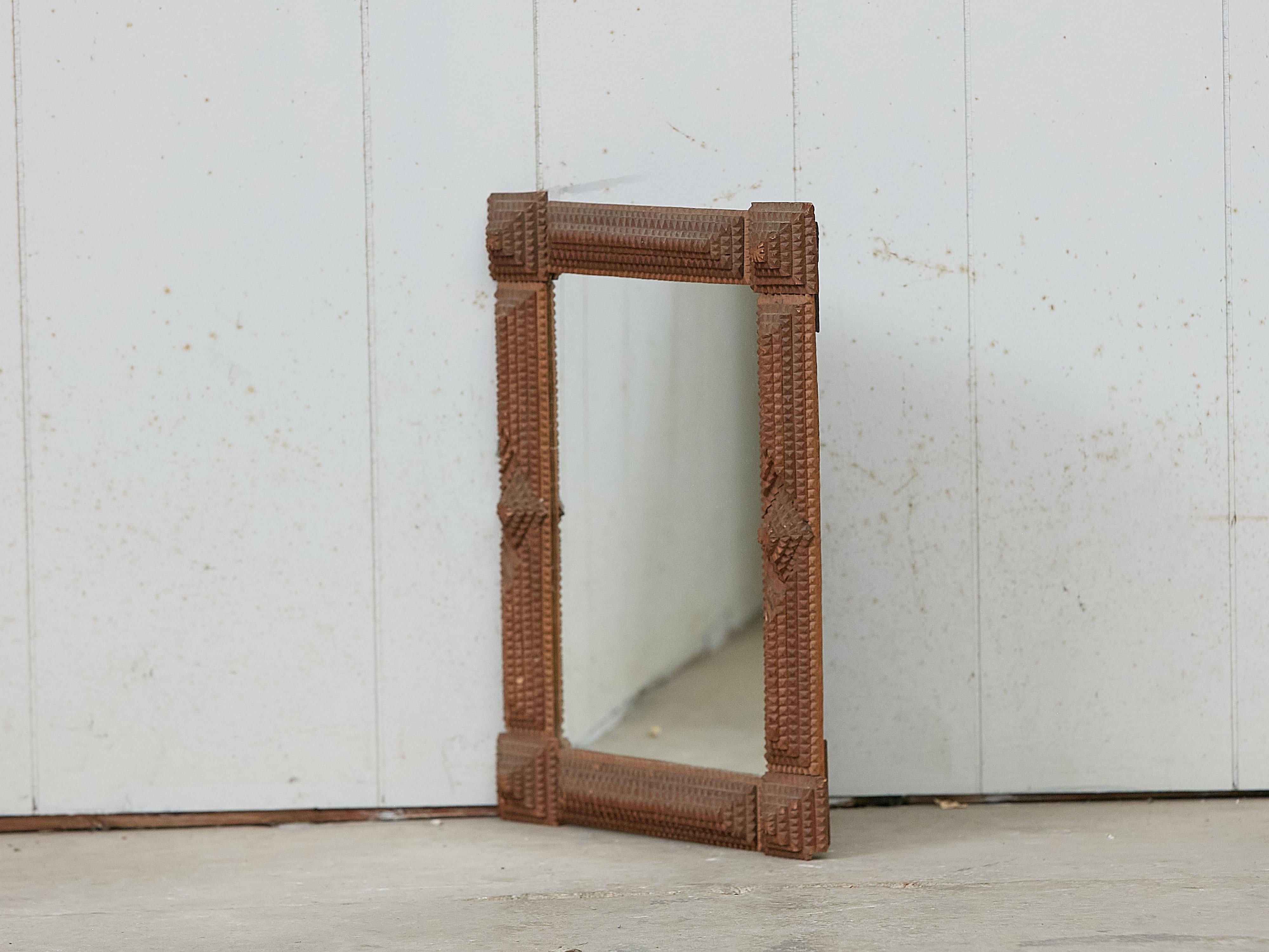 French Turn of the Century Hand Carved Wood Tramp Art Mirror with Brown Patina For Sale 1