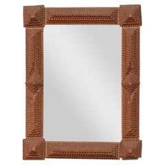 French Turn of the Century Hand Carved Wood Tramp Art Mirror with Brown Patina