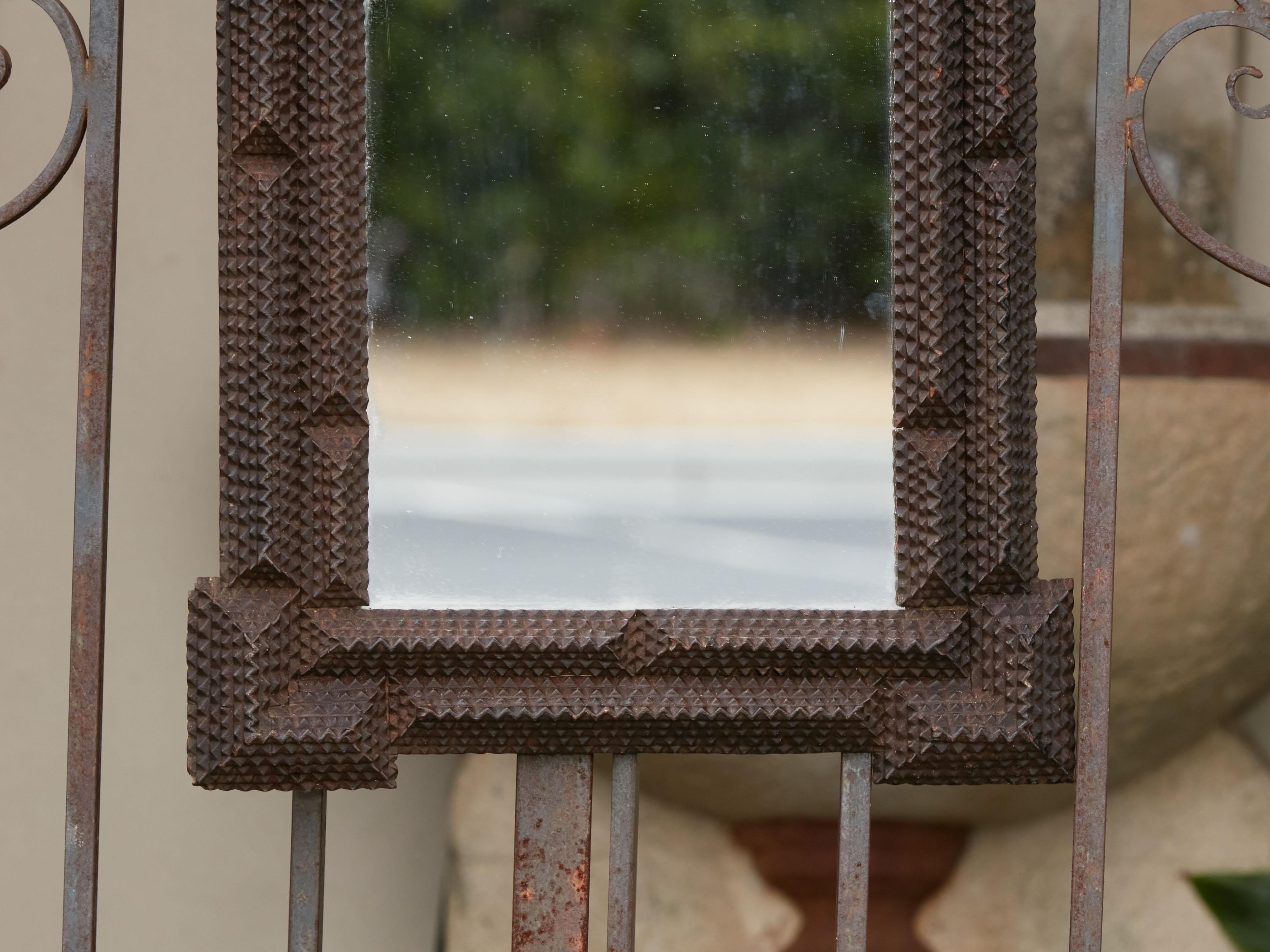 French Turn of the Century Hand Carved Wood Tramp Art Mirror with Dark Patina 5