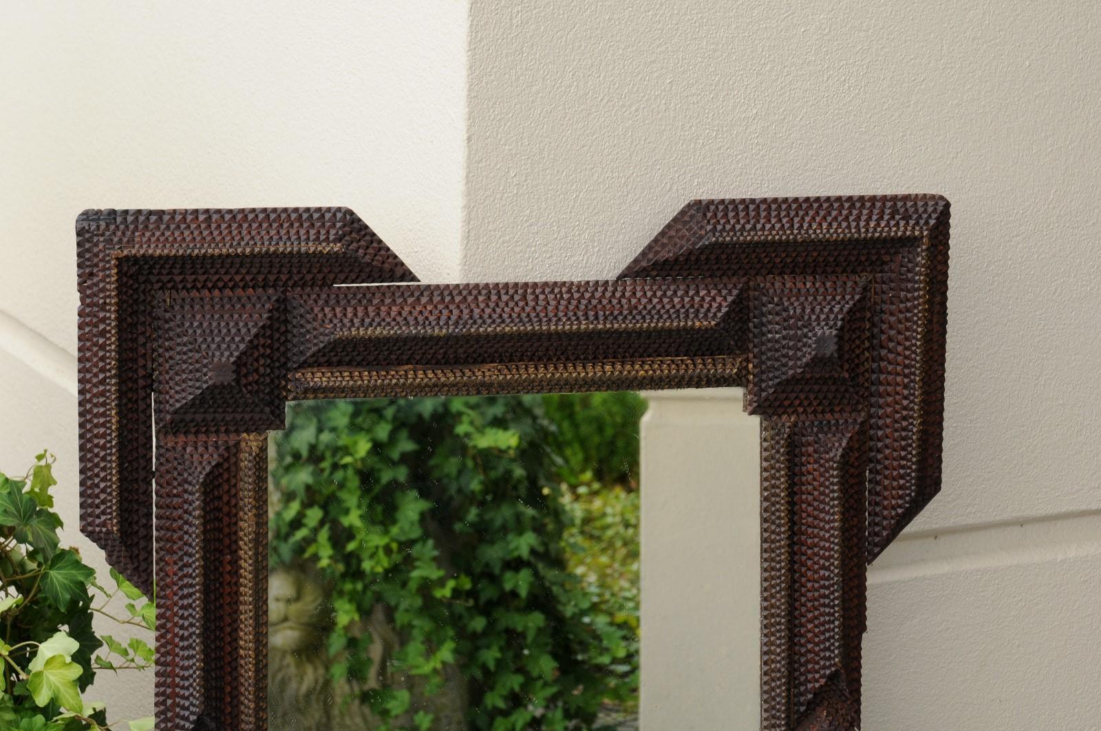 Hand-Carved French Turn of the Century Hand Carved Wood Tramp Art Mirror with Dark Patina