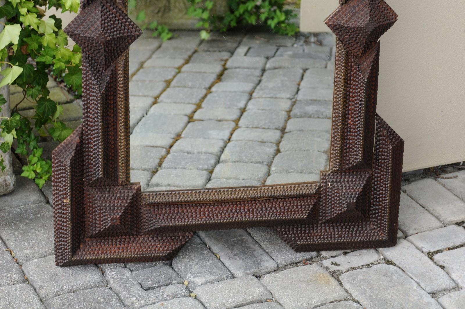 French Turn of the Century Hand Carved Wood Tramp Art Mirror with Dark Patina In Good Condition In Atlanta, GA