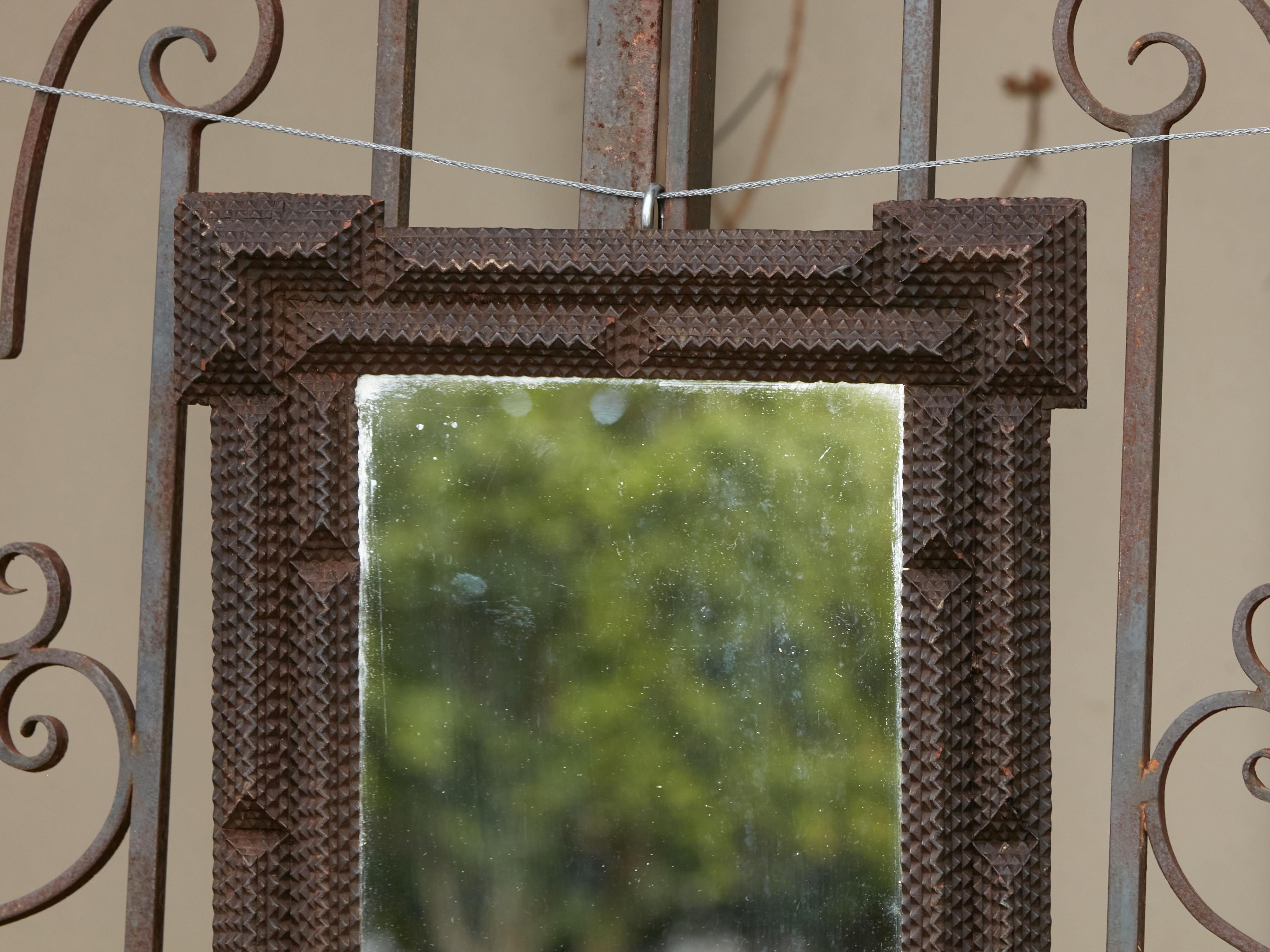 French Turn of the Century Hand Carved Wood Tramp Art Mirror with Dark Patina In Good Condition In Atlanta, GA