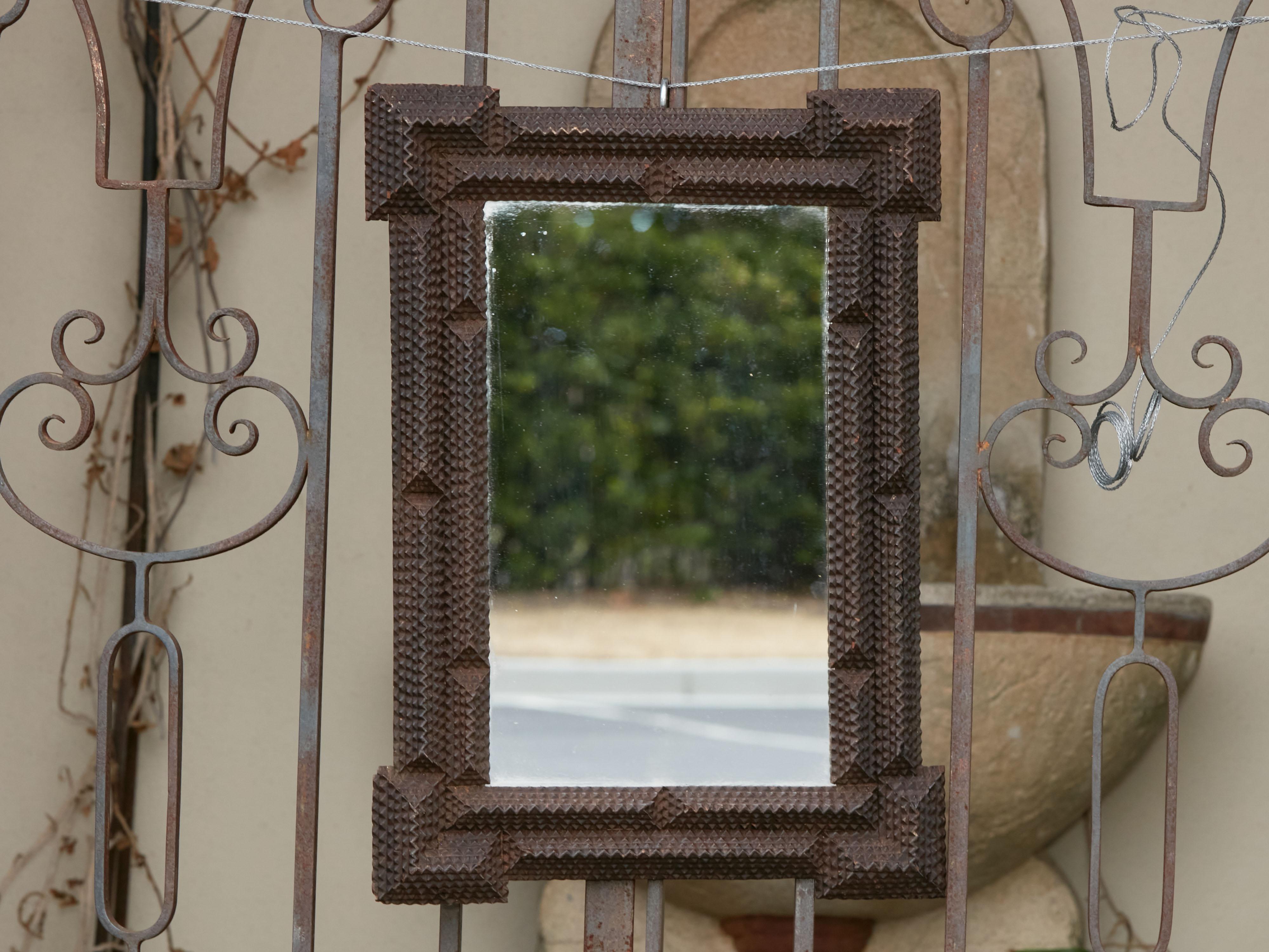 French Turn of the Century Hand Carved Wood Tramp Art Mirror with Dark Patina 3
