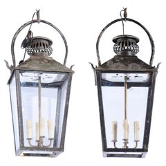 French Turn of the Century Iron and Glass Four-Lights Wired Lanterns, Sold Each