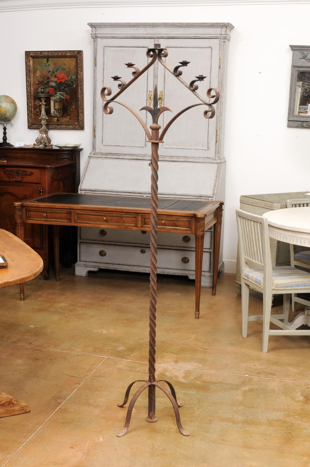 French Turn of the Century Iron Floor Standing Candelabra with Five Prickets For Sale 6