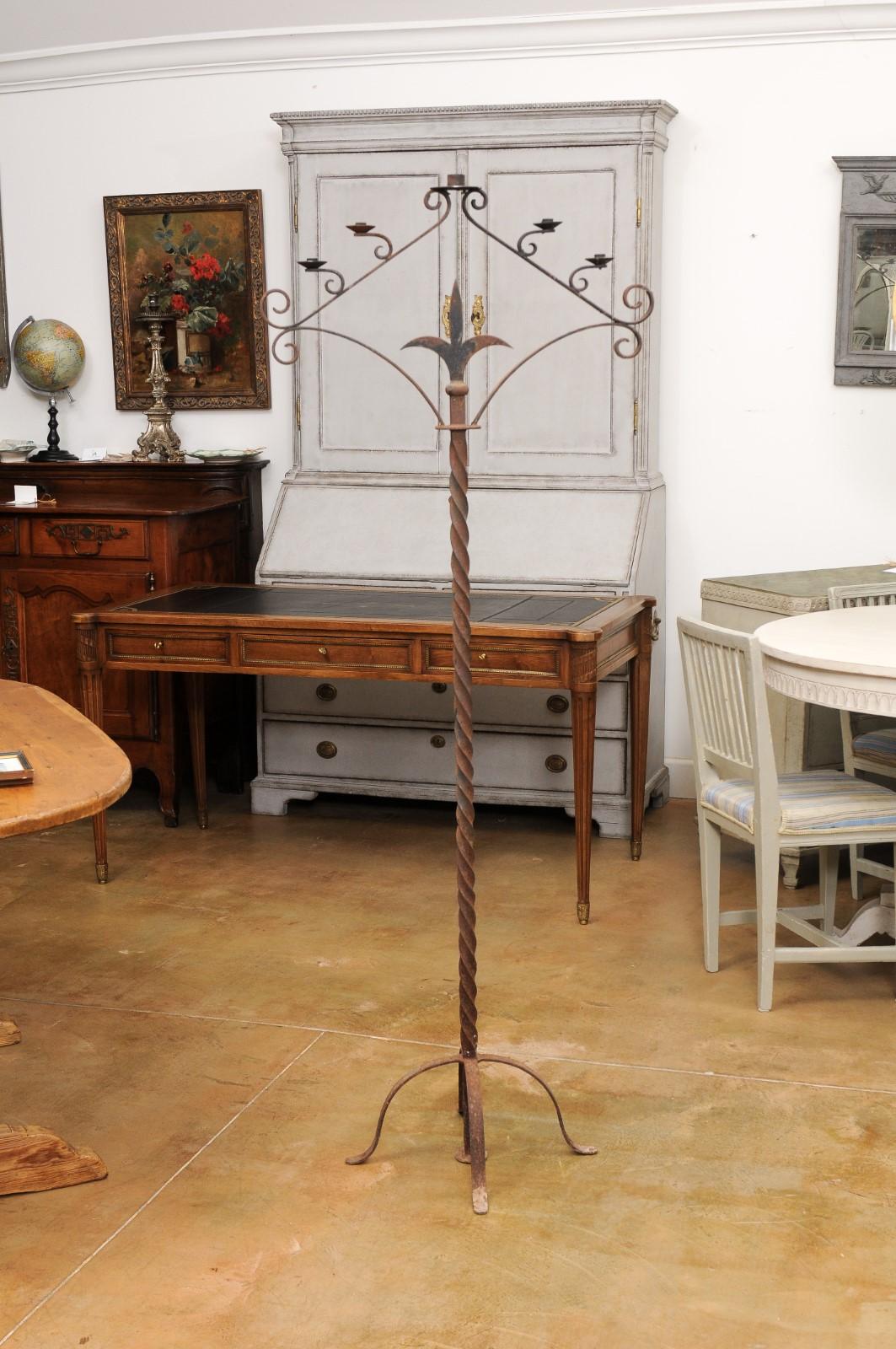 French Turn of the Century Iron Floor Standing Candelabra with Five Prickets For Sale 7