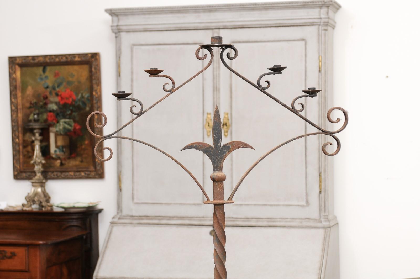 French Turn of the Century Iron Floor Standing Candelabra with Five Prickets For Sale 8