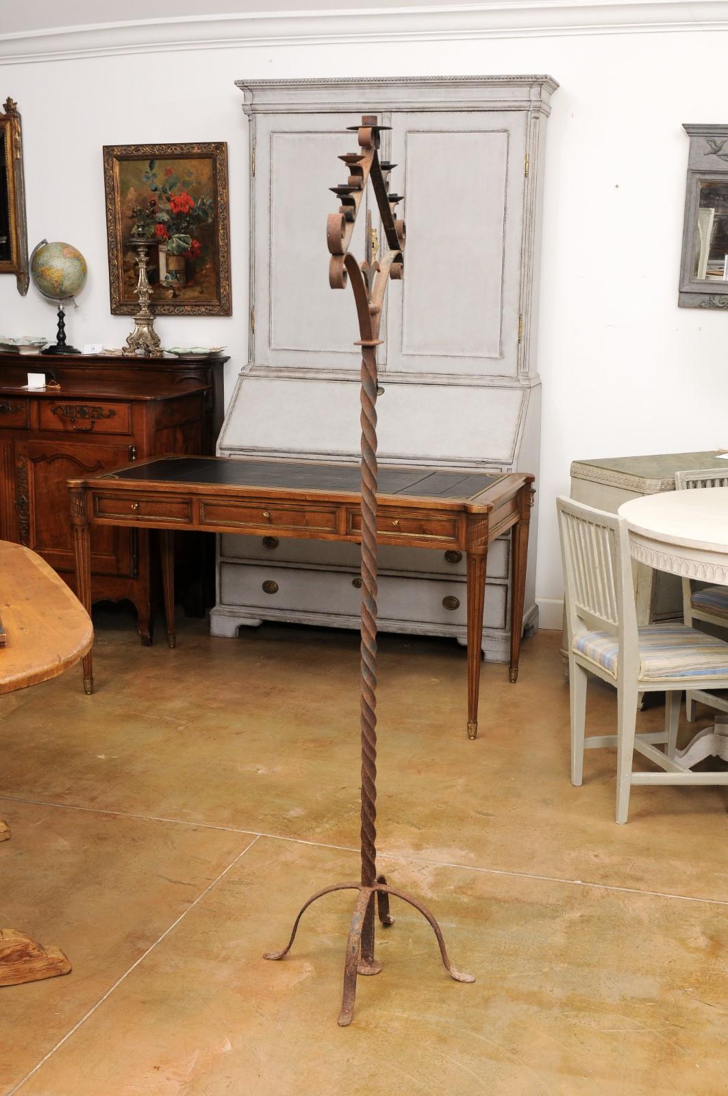 French Turn of the Century Iron Floor Standing Candelabra with Five Prickets For Sale 9