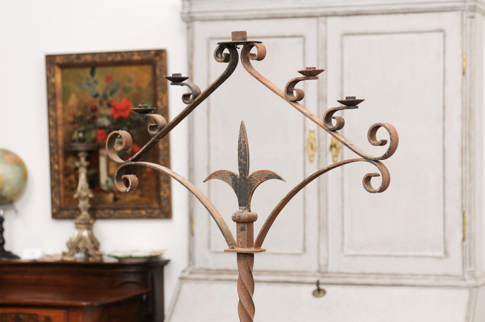 French Turn of the Century Iron Floor Standing Candelabra with Five Prickets For Sale 11