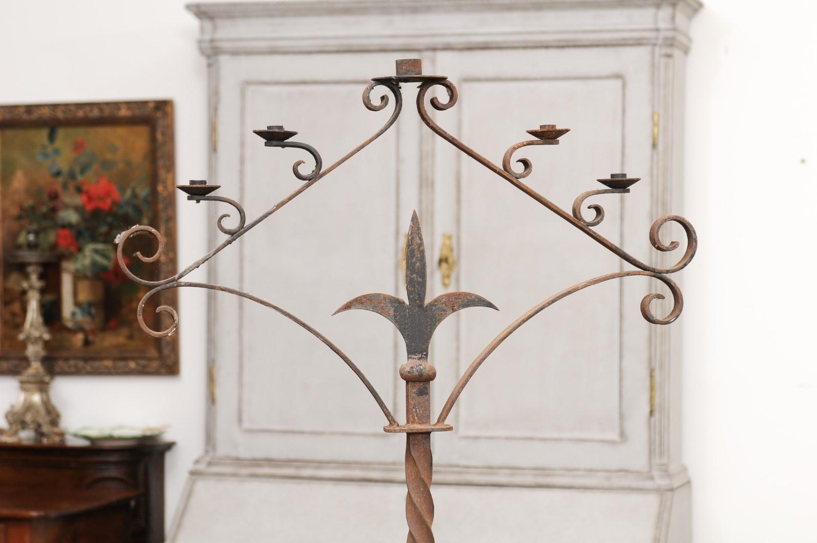 French Turn of the Century Iron Floor Standing Candelabra with Five Prickets In Good Condition For Sale In Atlanta, GA
