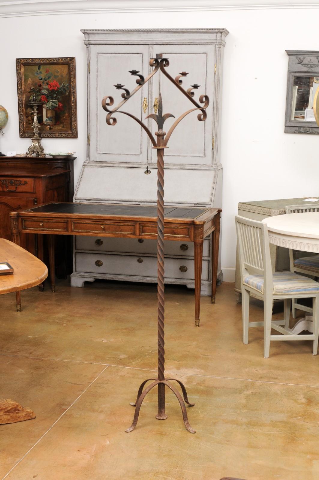French Turn of the Century Iron Floor Standing Candelabra with Five Prickets For Sale 4