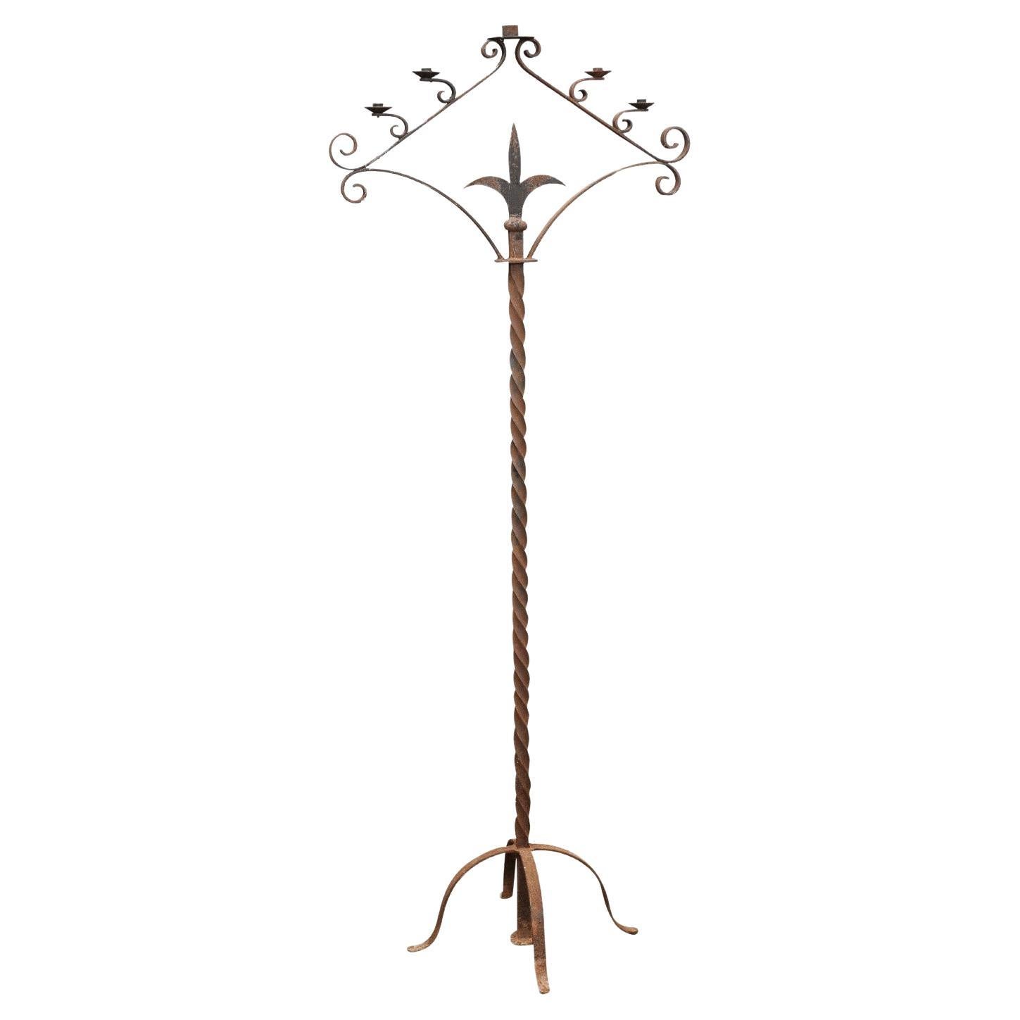 French Turn of the Century Iron Floor Standing Candelabra with Five Prickets For Sale