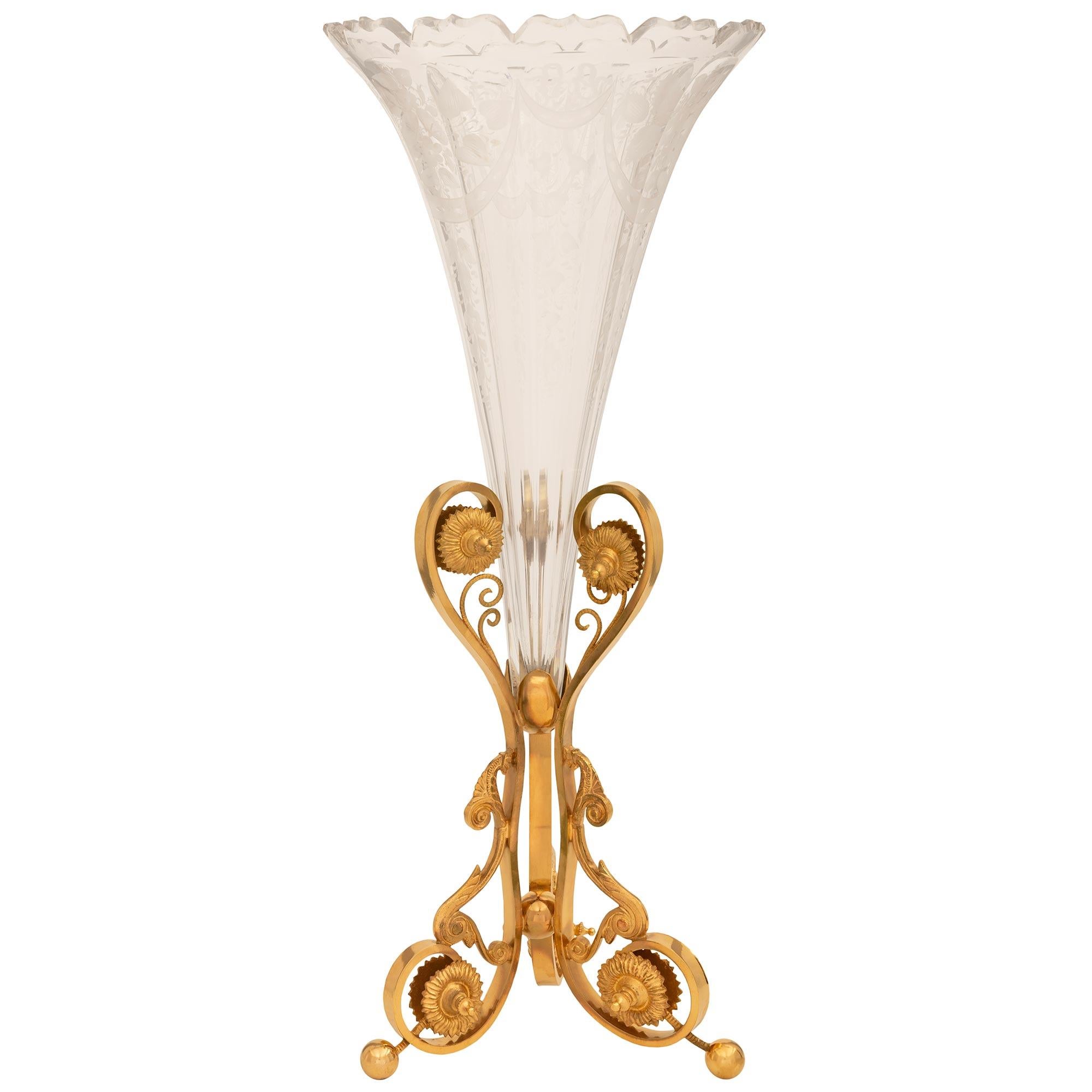 French Turn Of The Century Louis XVI St. Baccarat Crystal & Ormolu Mounted Vase In Good Condition For Sale In West Palm Beach, FL
