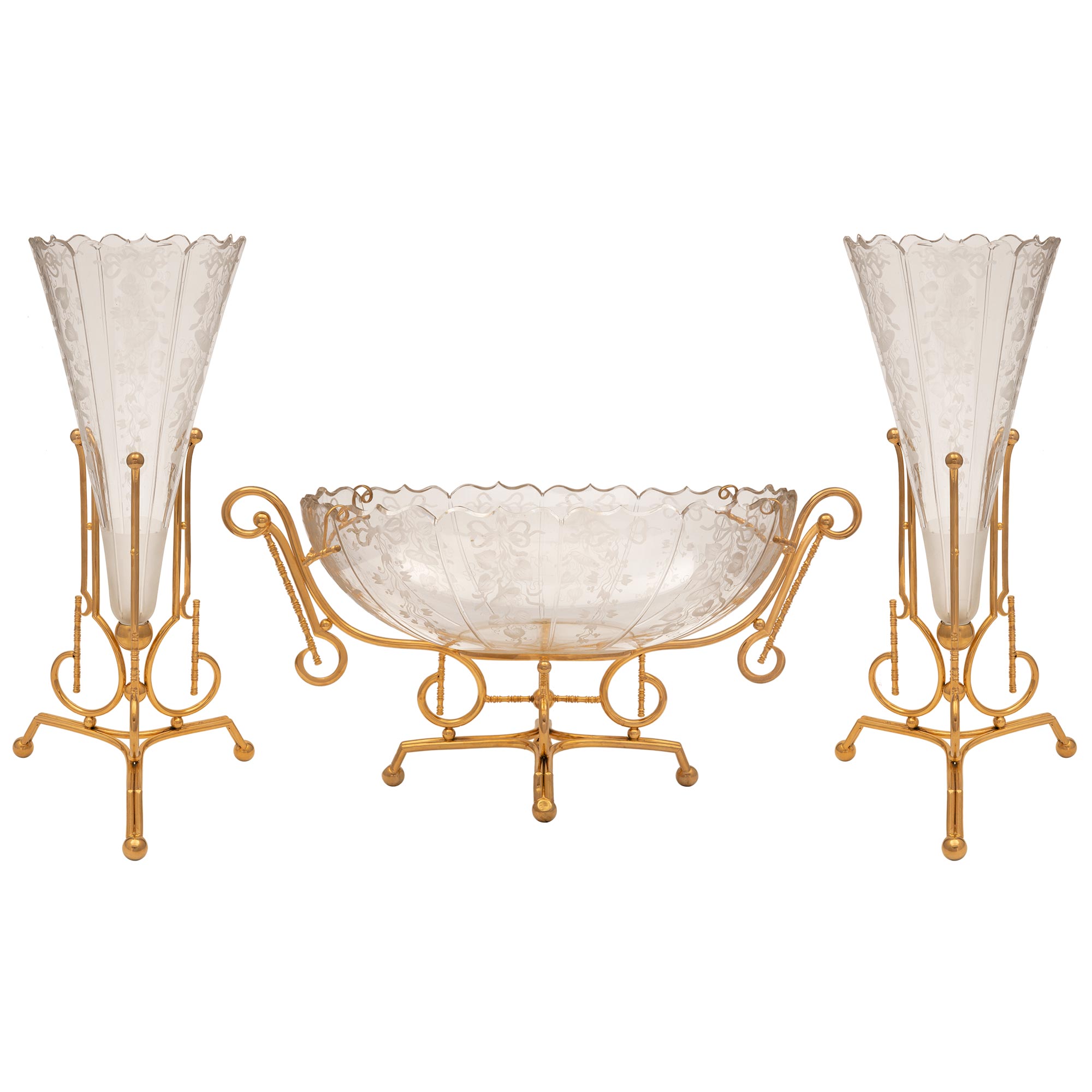 French Turn of the Century Louis XVI St. Etched Crystal and Ormolu Garniture Set For Sale
