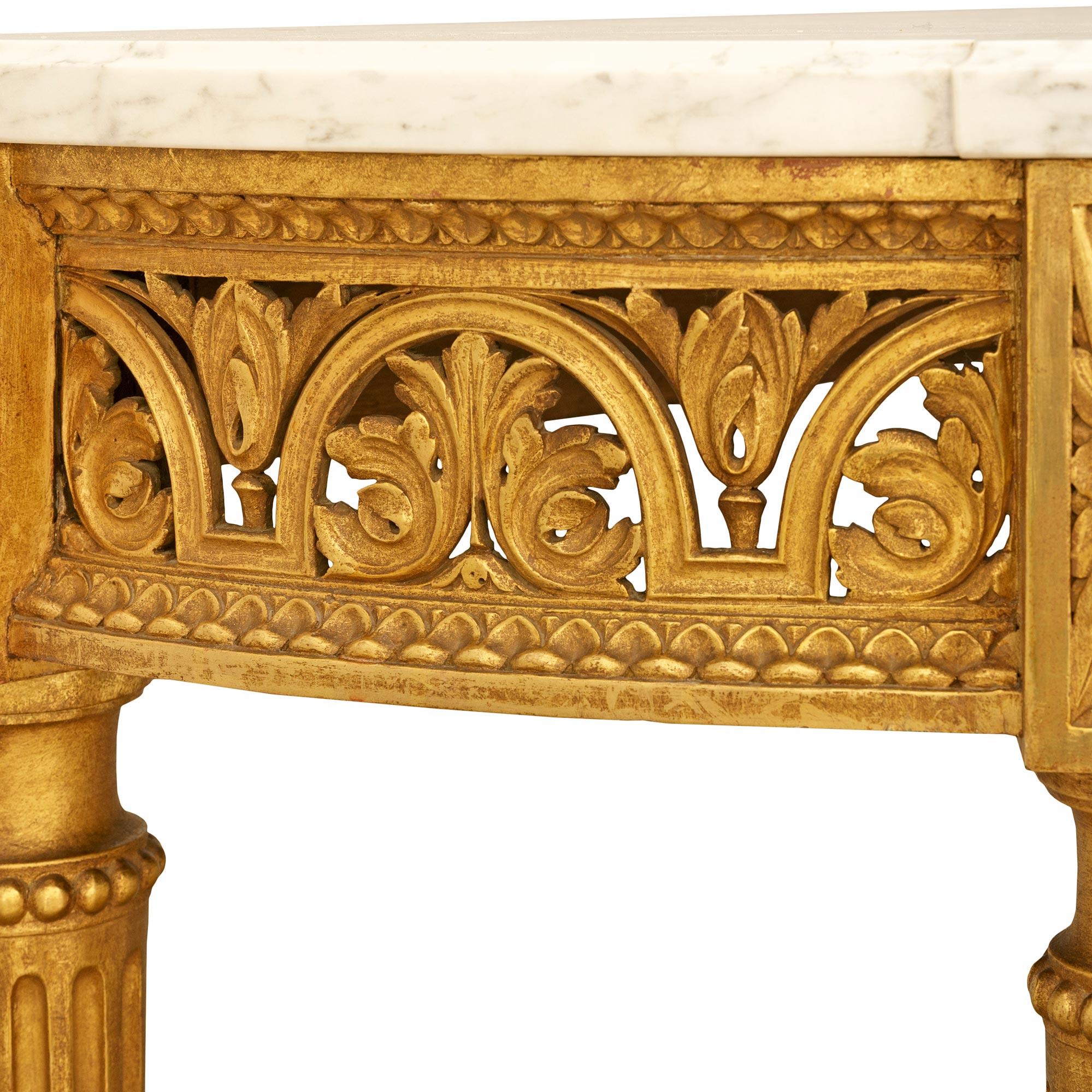 French Turn of the Century Louis XVI st. Giltwood and Carrara marble console For Sale 1