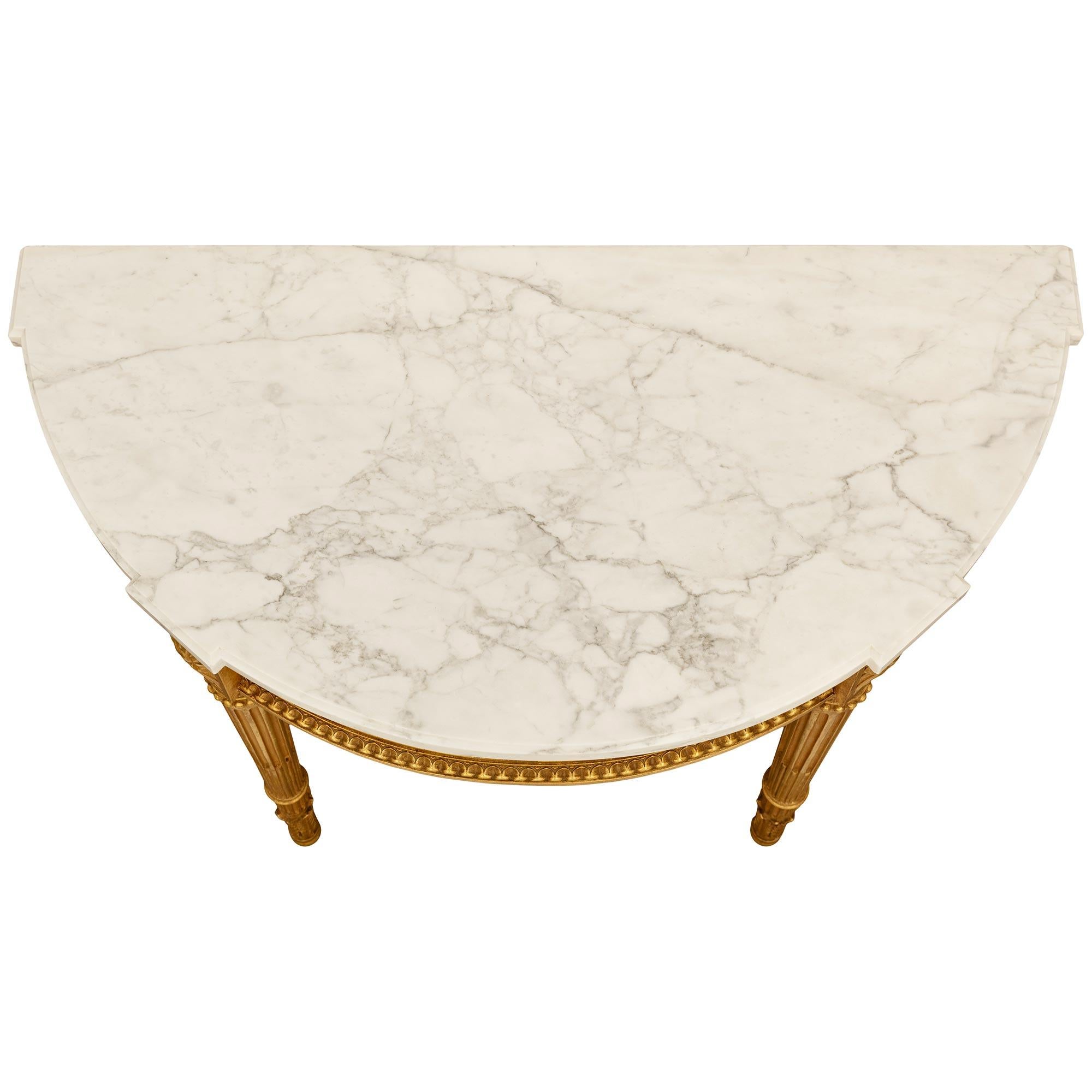 French Turn of the Century Louis XVI st. Giltwood and Carrara marble console For Sale 4