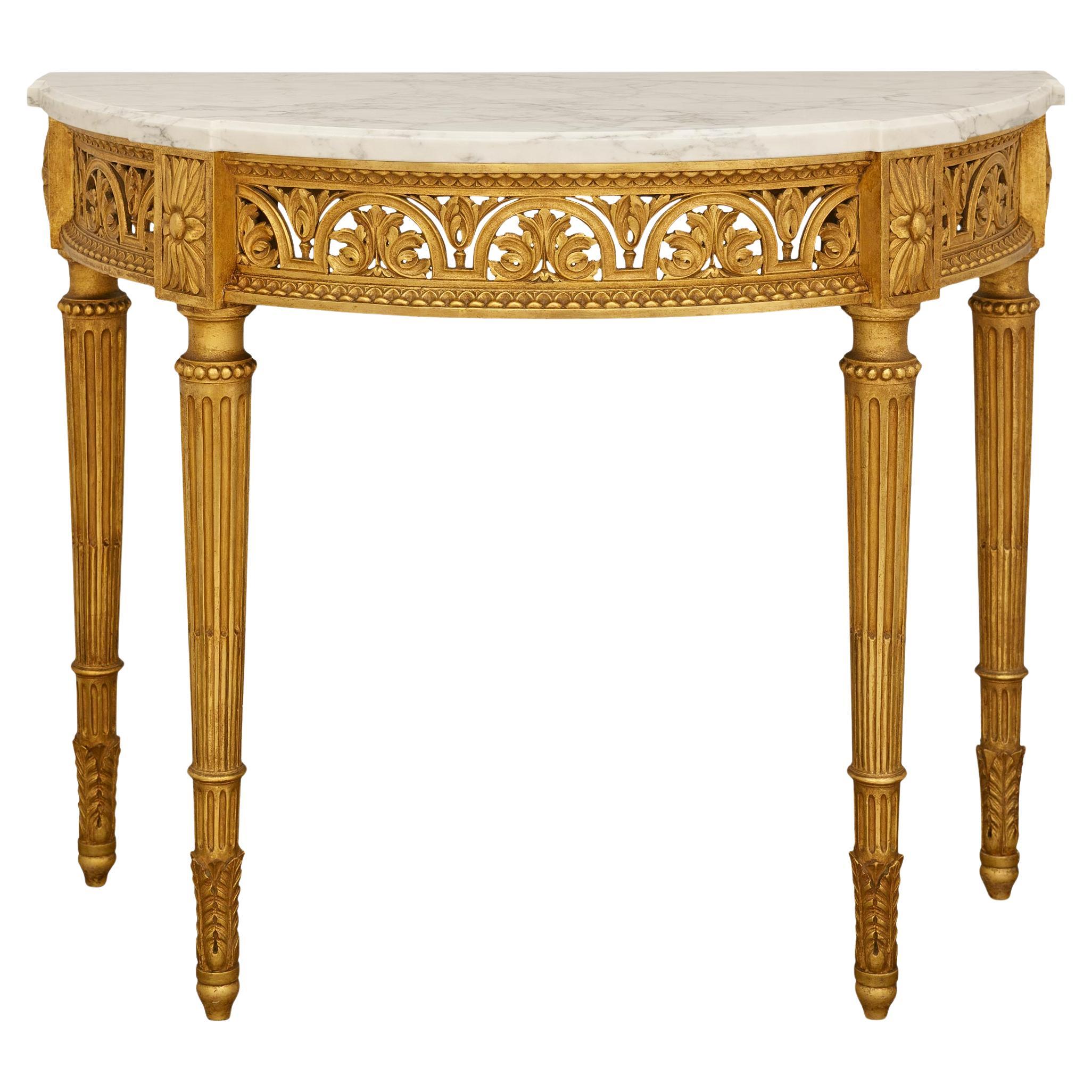 French Turn of the Century Louis XVI st. Giltwood and Carrara marble console