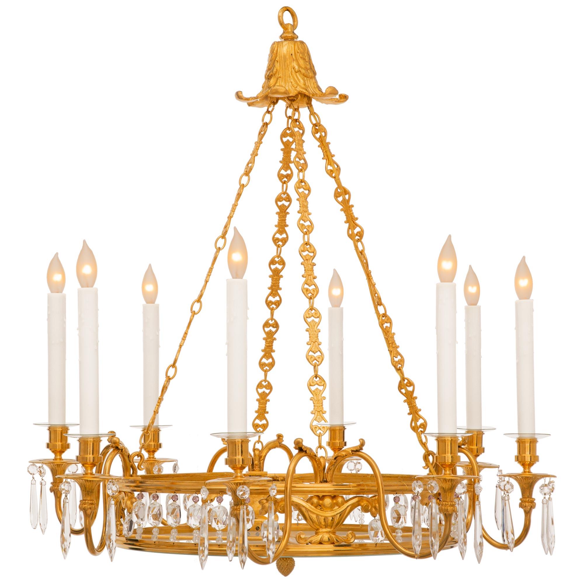 Frosted French Turn-of-the-century Louis XVI St. Ormolu, Crystal and Glass Chandelier For Sale