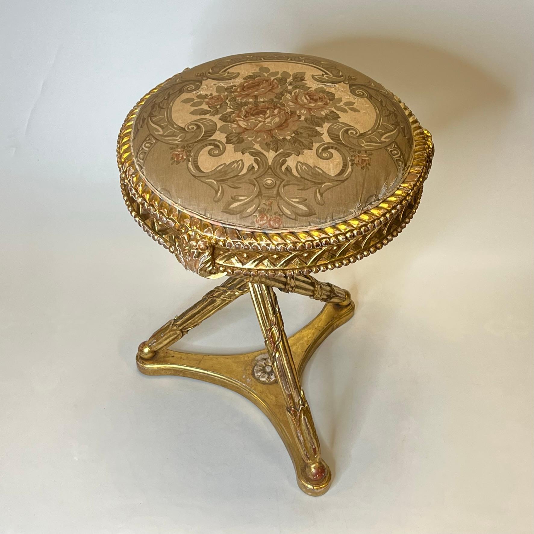 Very Fine quality and unusual French turn of the century Louis XVI Style Giltwood Stool.