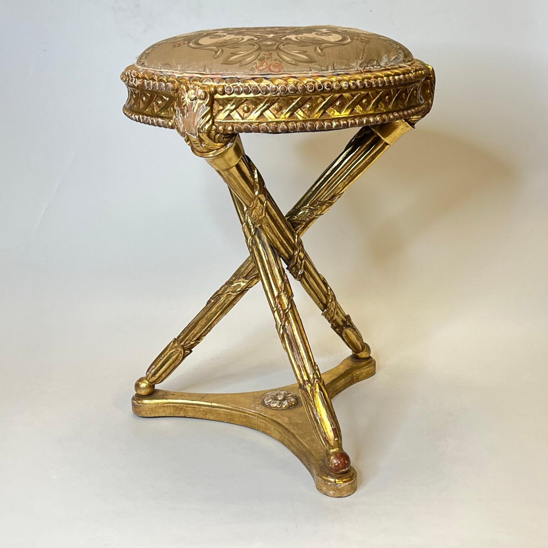  French Turn of the Century Louis XVI Style Giltwood Stool In Good Condition In New York, NY