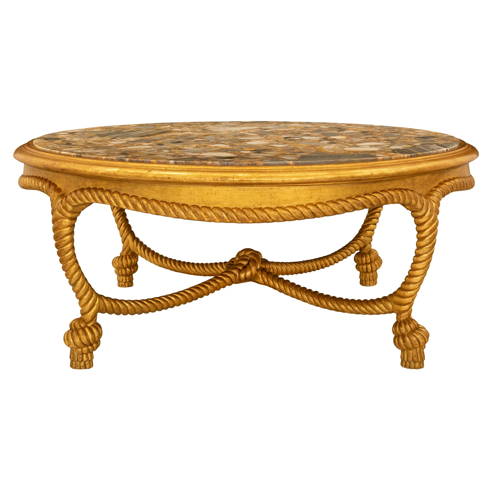Mesa de centro francesa de principios de siglo Napoleón III de madera dorada y mármol