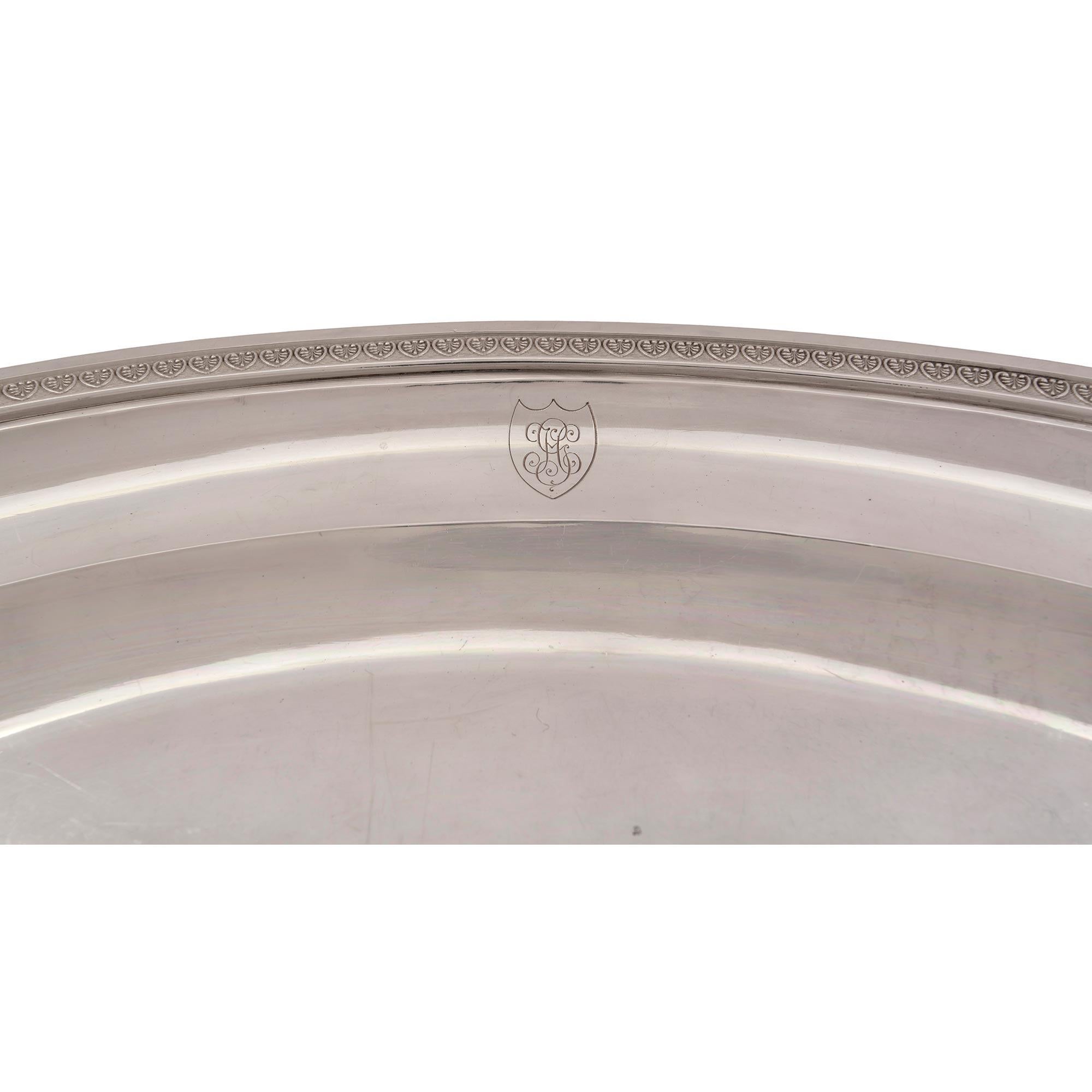 20th Century French Turn of the Century Neoclassical Style Sterling Silver Oval Plate For Sale