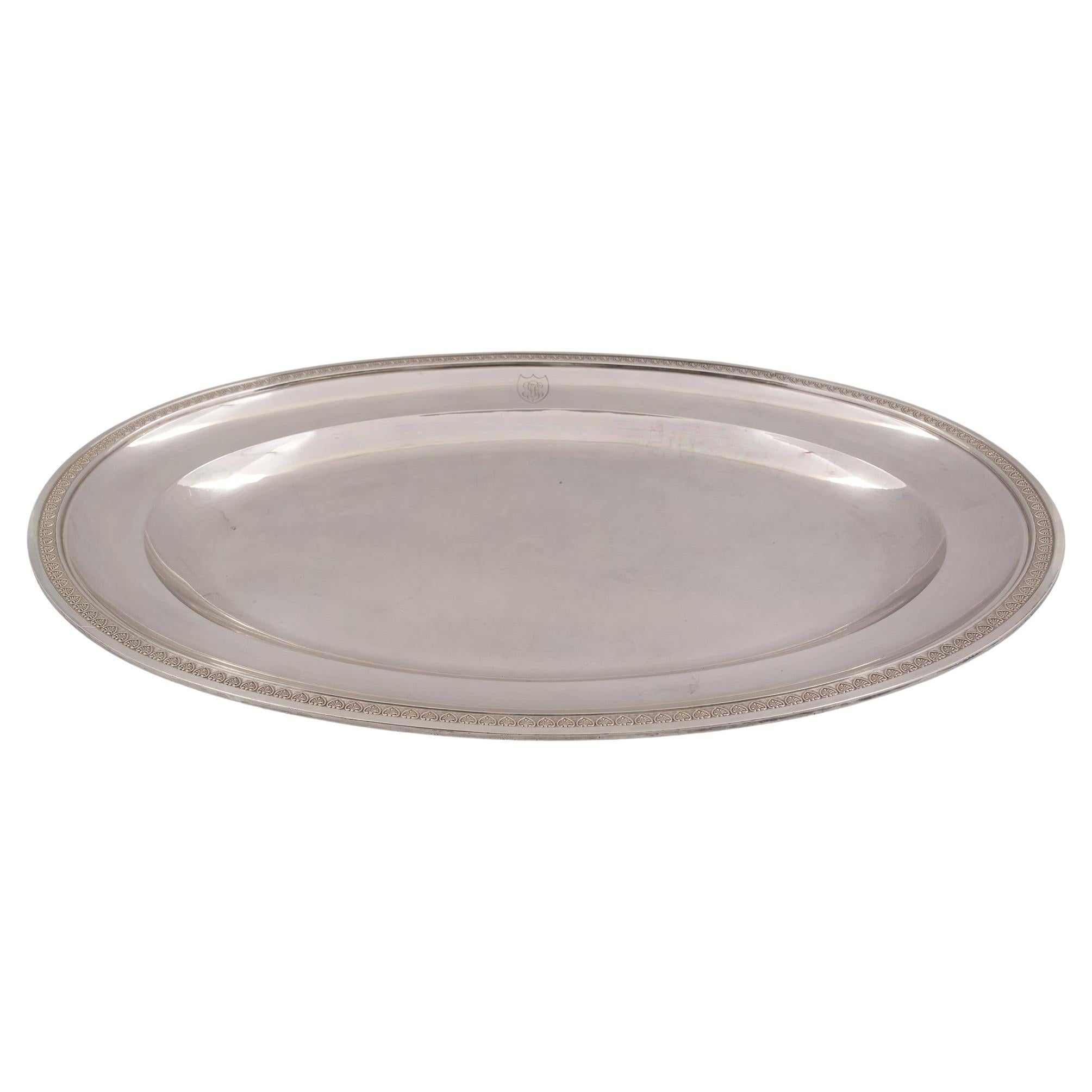 French Turn of the Century Neoclassical Style Sterling Silver Oval Plate For Sale
