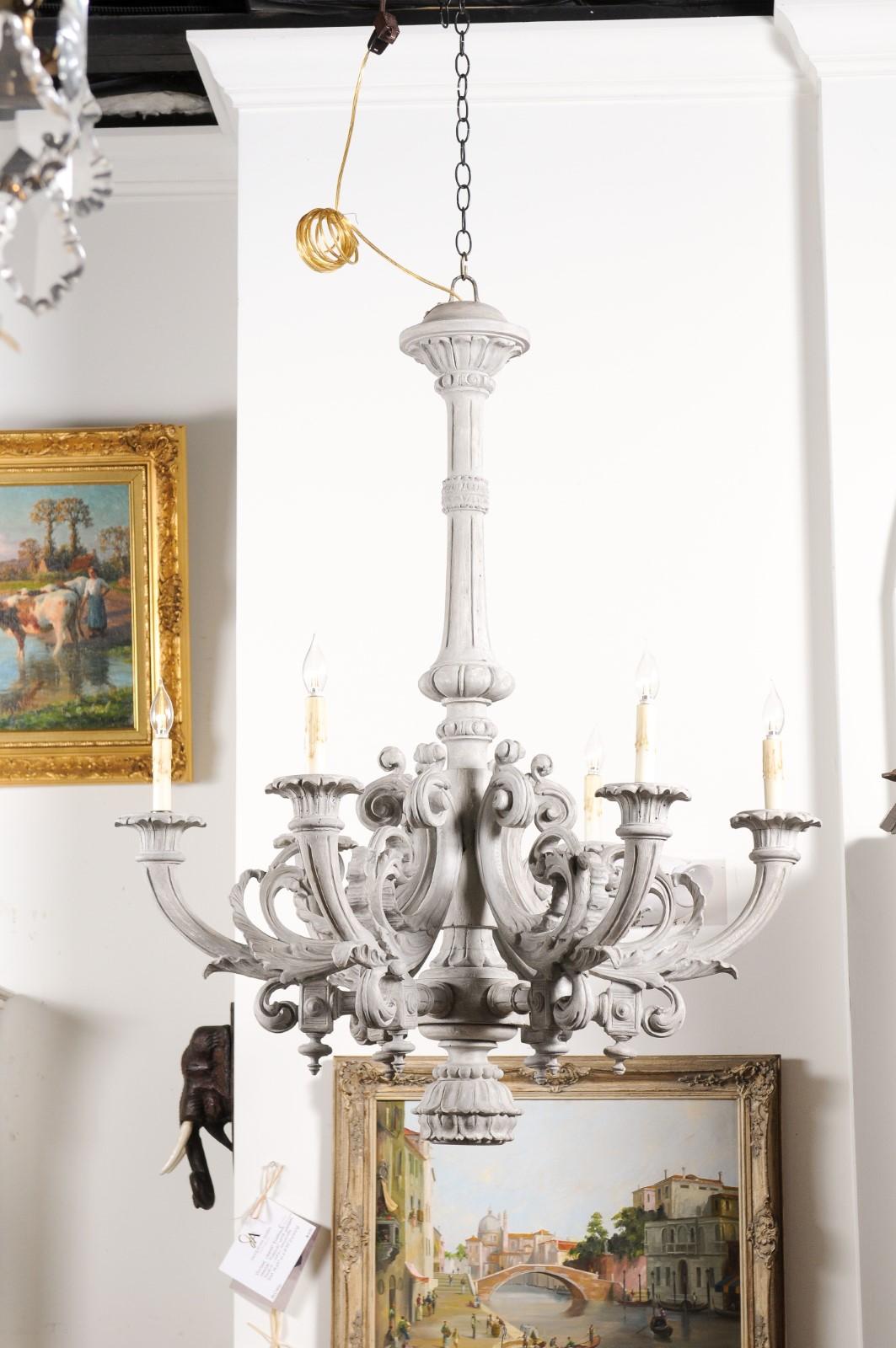 French Turn of the Century Painted Six-Light Chandelier with Scrolling Arms For Sale 4