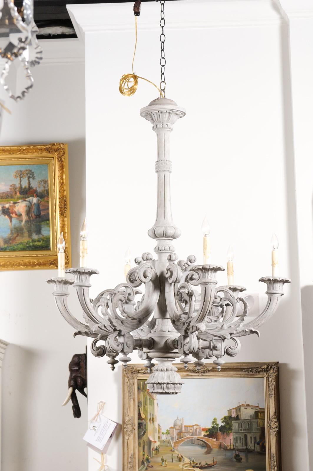 French Turn of the Century Painted Six-Light Chandelier with Scrolling Arms For Sale 5