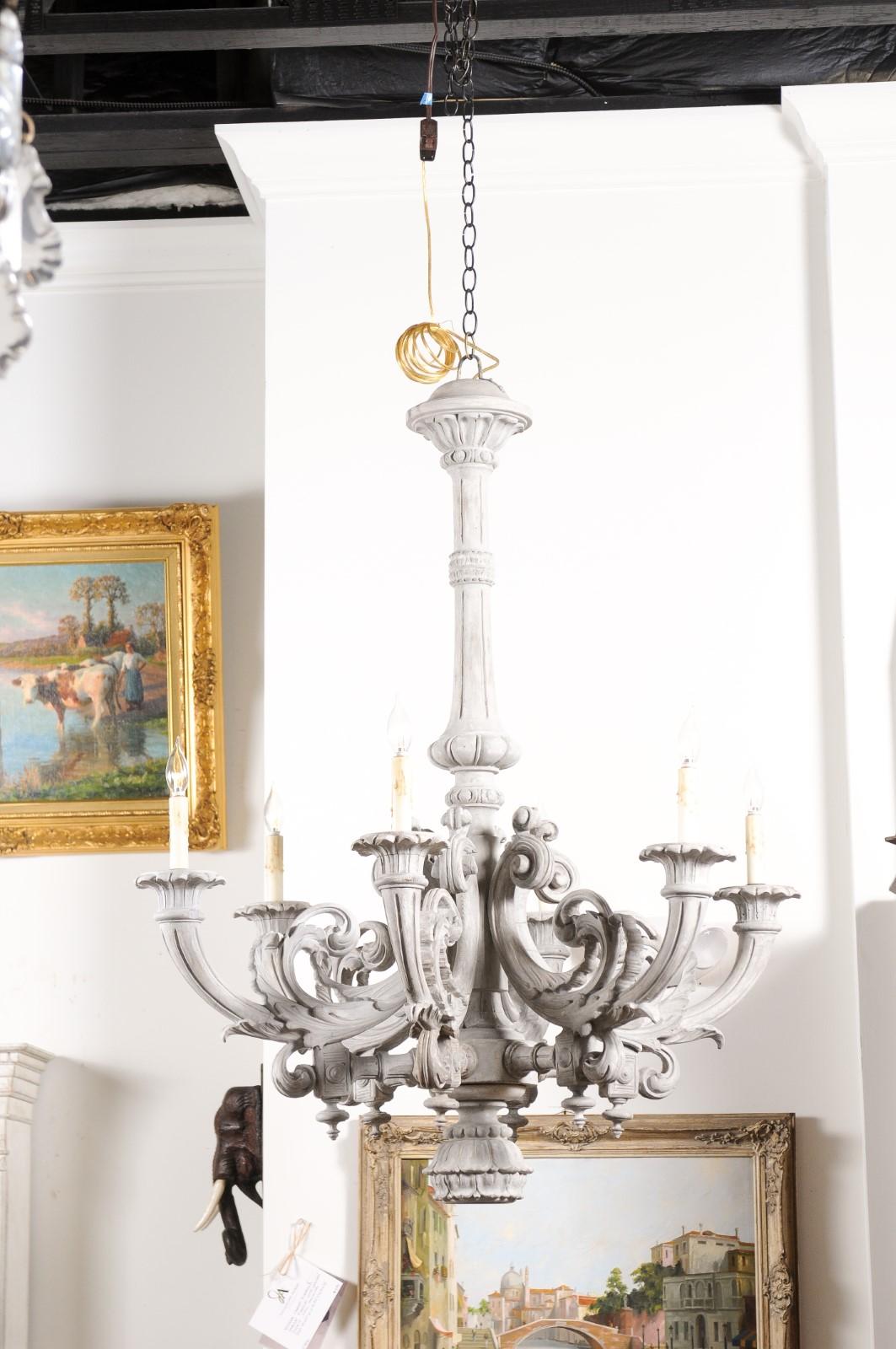 Carved French Turn of the Century Painted Six-Light Chandelier with Scrolling Arms For Sale