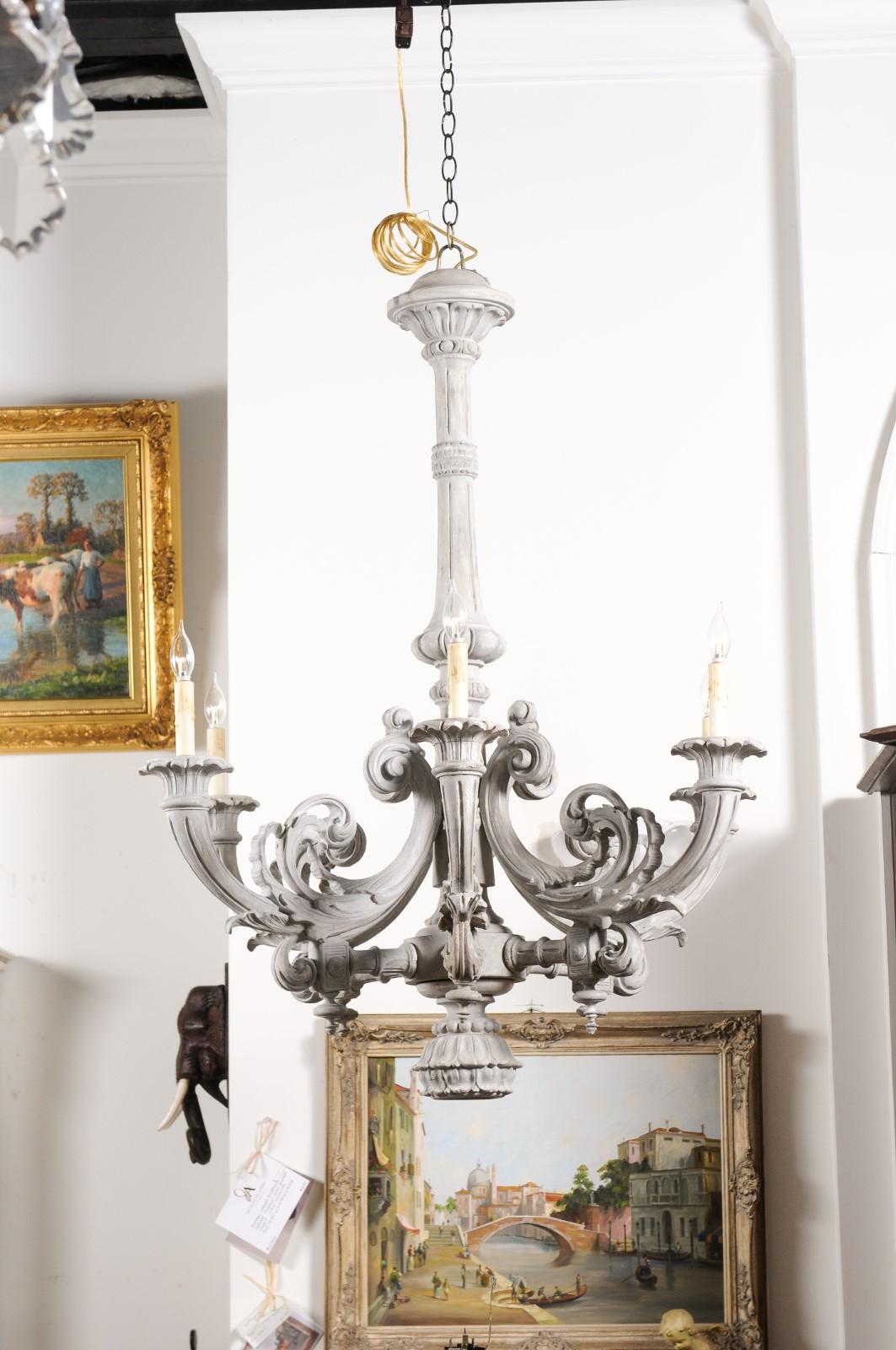 French Turn of the Century Painted Six-Light Chandelier with Scrolling Arms In Good Condition For Sale In Atlanta, GA
