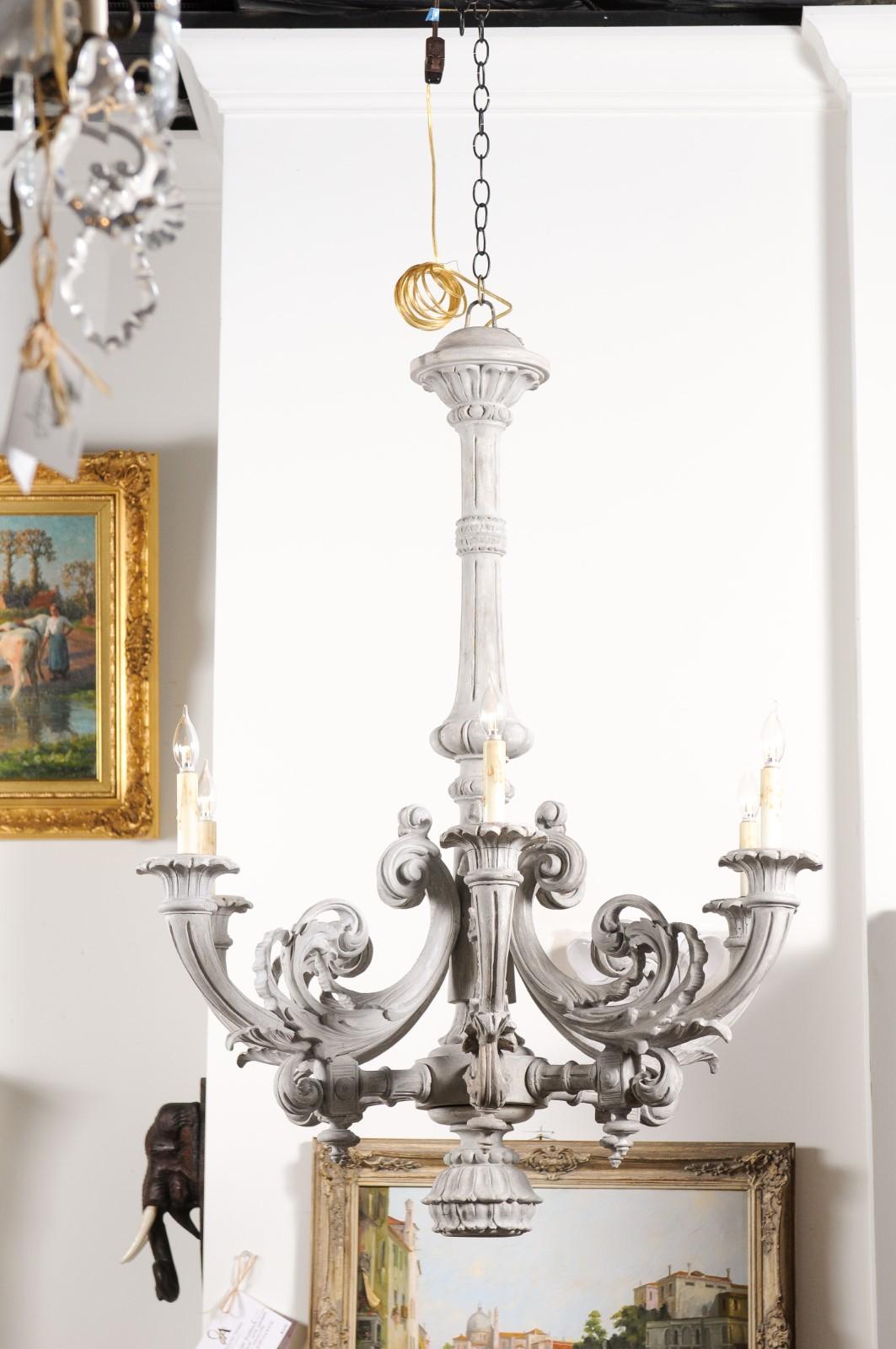 20th Century French Turn of the Century Painted Six-Light Chandelier with Scrolling Arms For Sale
