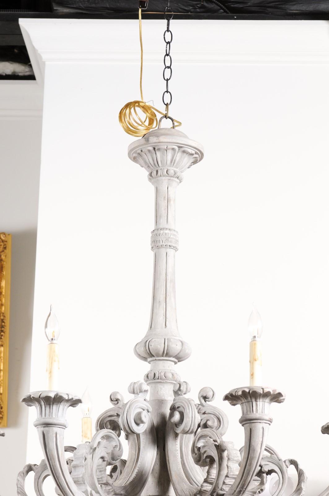 Wood French Turn of the Century Painted Six-Light Chandelier with Scrolling Arms For Sale