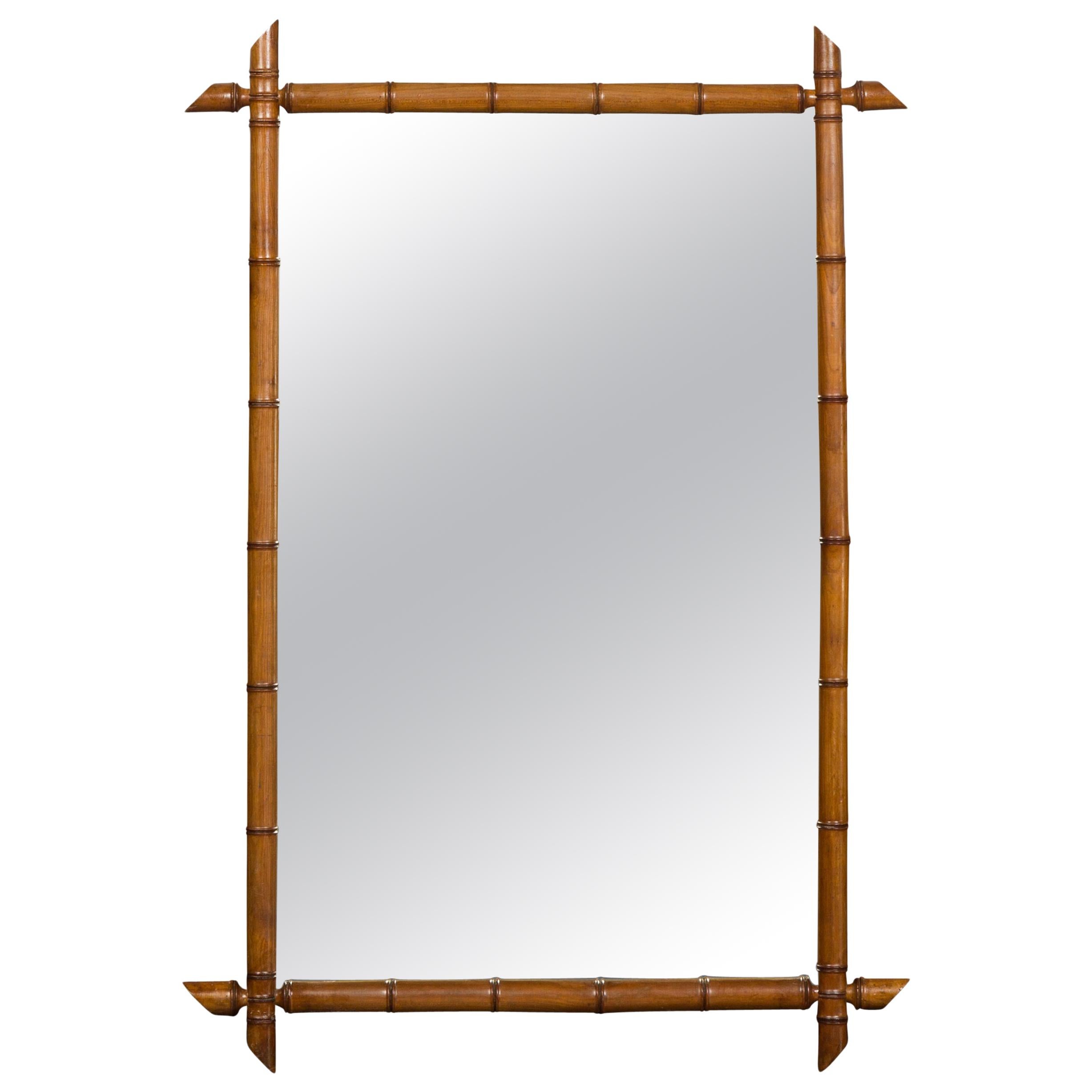 French Turn of the Century Rectangular Faux Bamboo Mirror with Brown Patina