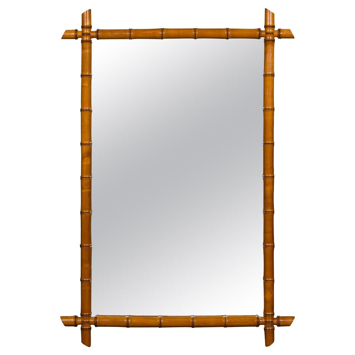 French Turn of the Century Rectangular Faux Bamboo Mirror with Brown Patina