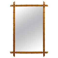 French Turn of the Century Rectangular Faux Bamboo Mirror with Brown Patina