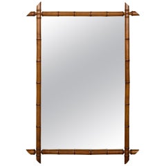 French Turn of the Century Rectangular Faux Bamboo Mirror with Brown Patina