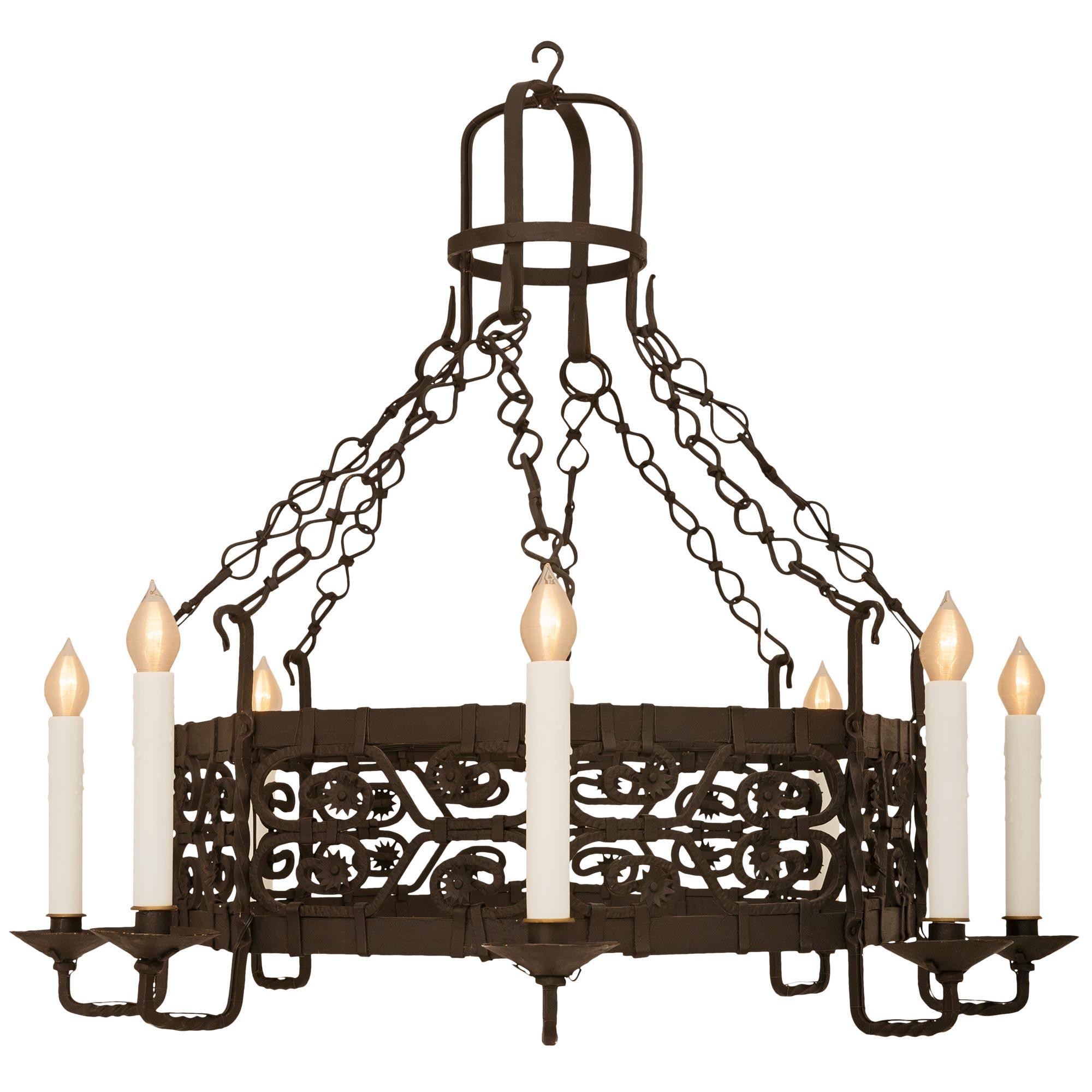 French Turn Of The Century Renaissance St. Wrought Iron Chandelier In Good Condition For Sale In West Palm Beach, FL