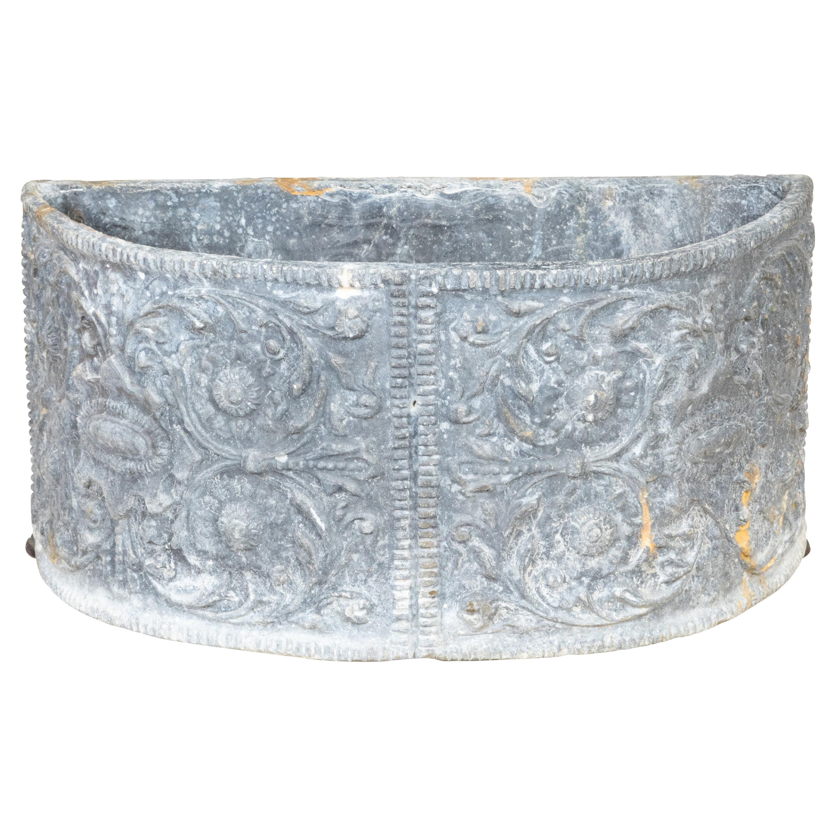 French Turn of the Century Semi-Circular Lead Jardinière with Scrollwork Foliage For Sale