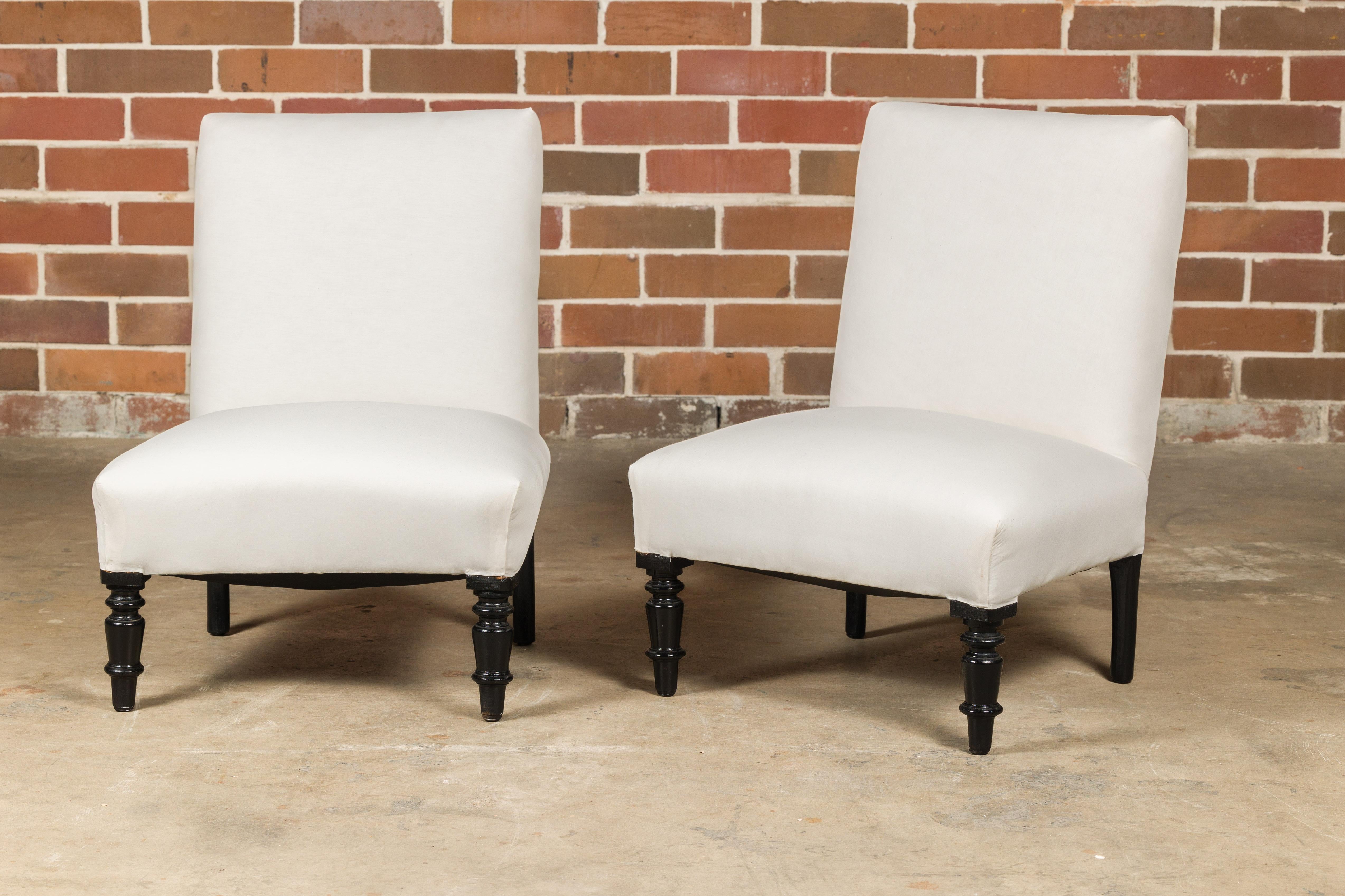 French Turn of the Century Slipper Chairs with Ebonized Turned Legs, a Pair 2
