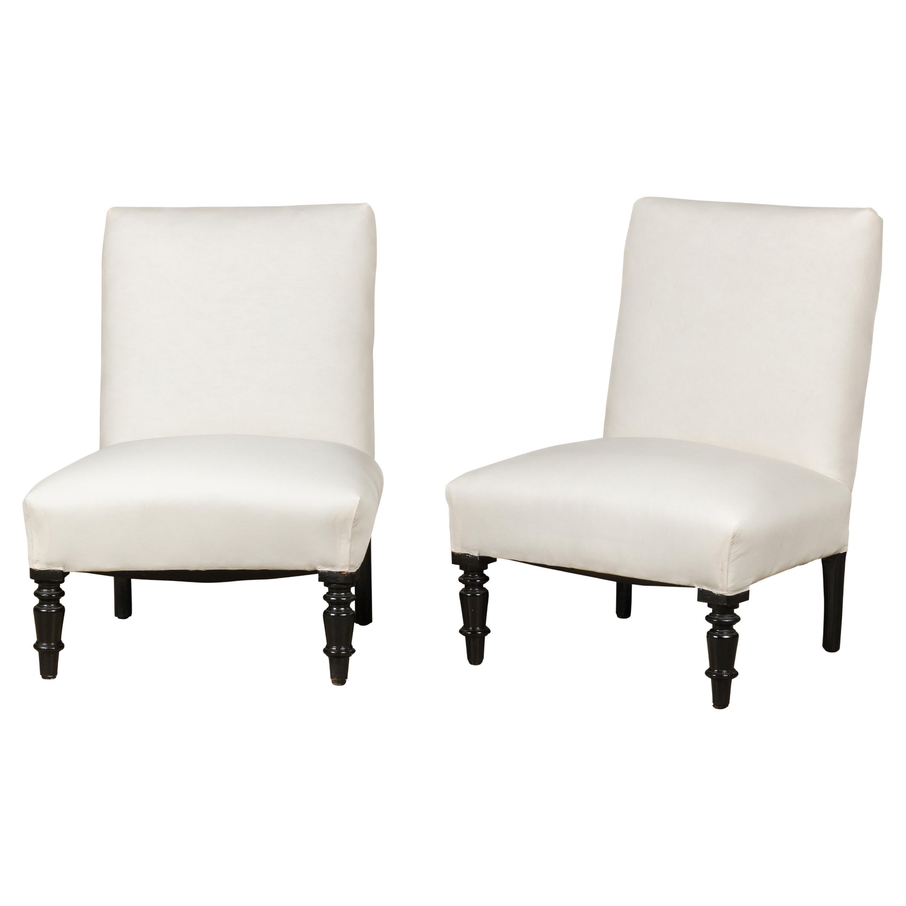 French Turn of the Century Slipper Chairs with Ebonized Turned Legs, a Pair